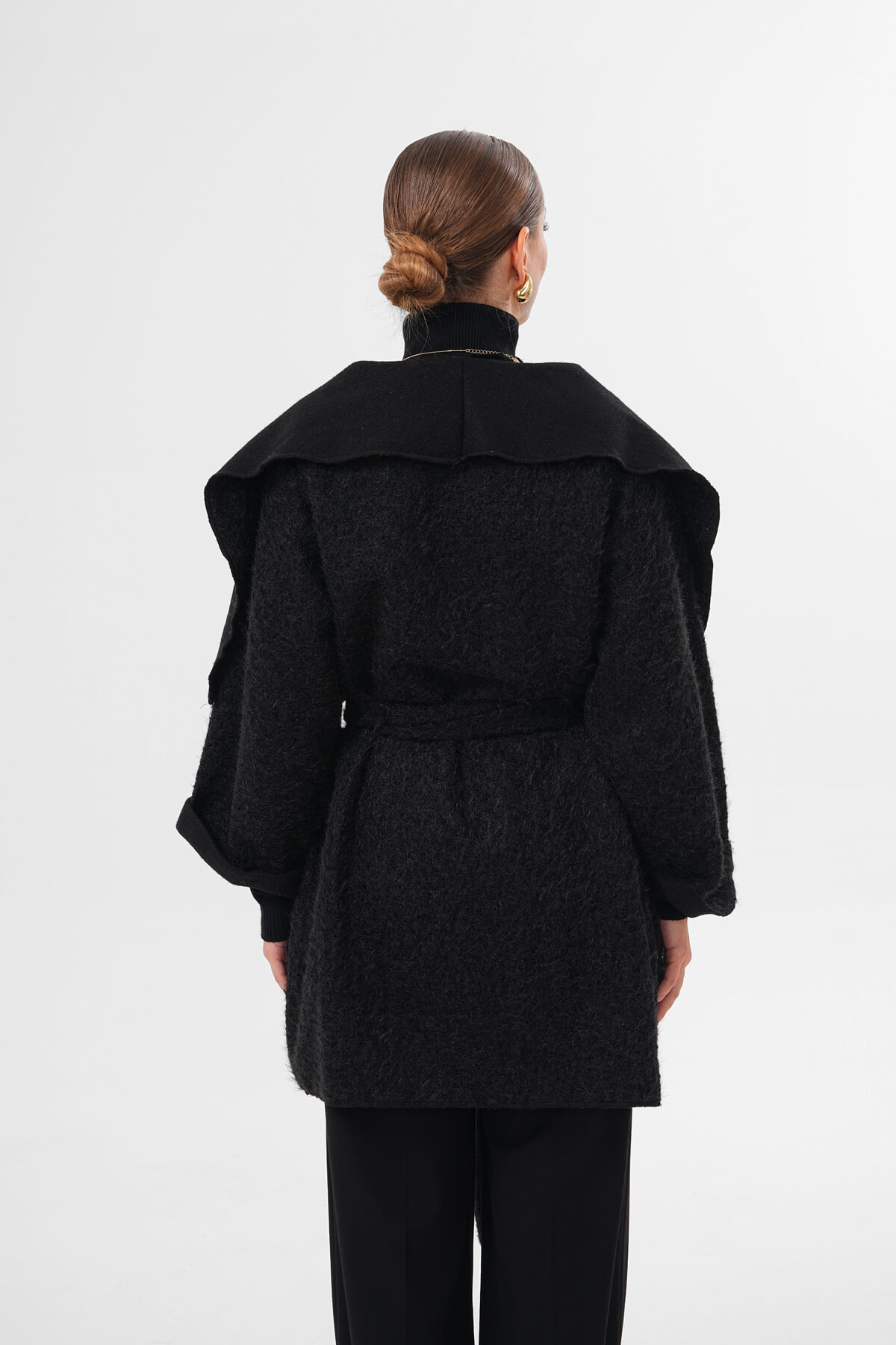 Geniş Yaka Kuşaklı Kaşe Hırka MDG-25-D-107 Siyah - 4