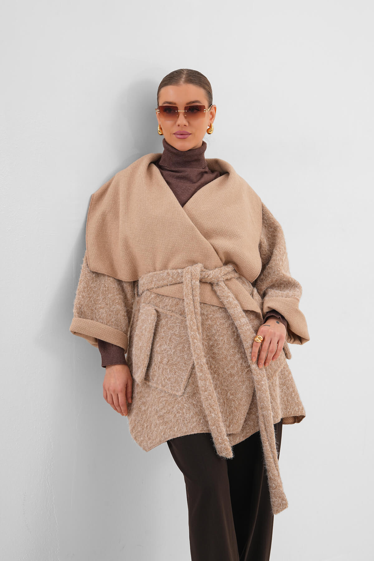 Geniş Yaka Kuşaklı Kaşe Hırka MDG-25-D-107 Taş - MDG