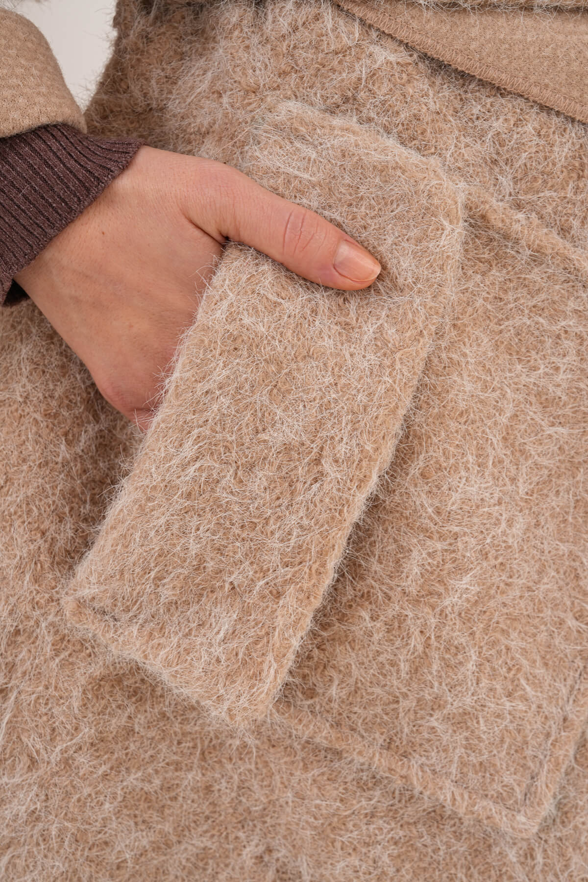 Geniş Yaka Kuşaklı Kaşe Hırka MDG-25-D-107 Taş - 3