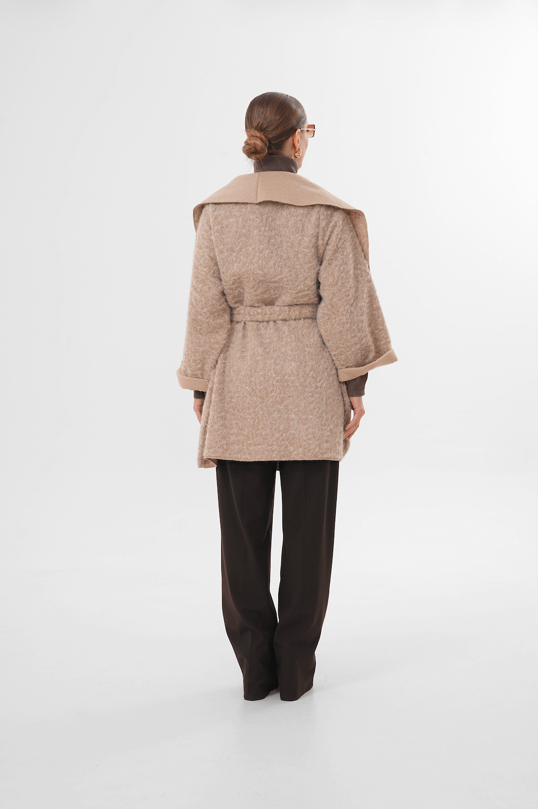 Geniş Yaka Kuşaklı Kaşe Hırka MDG-25-D-107 Taş - 4