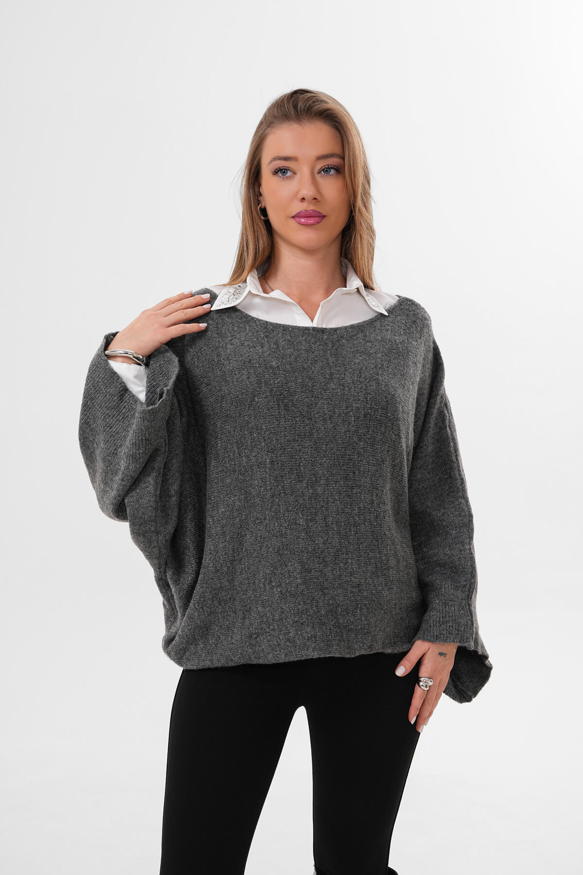 Geniş Yarasa Kol Triko MDG-1007 Antrasit 