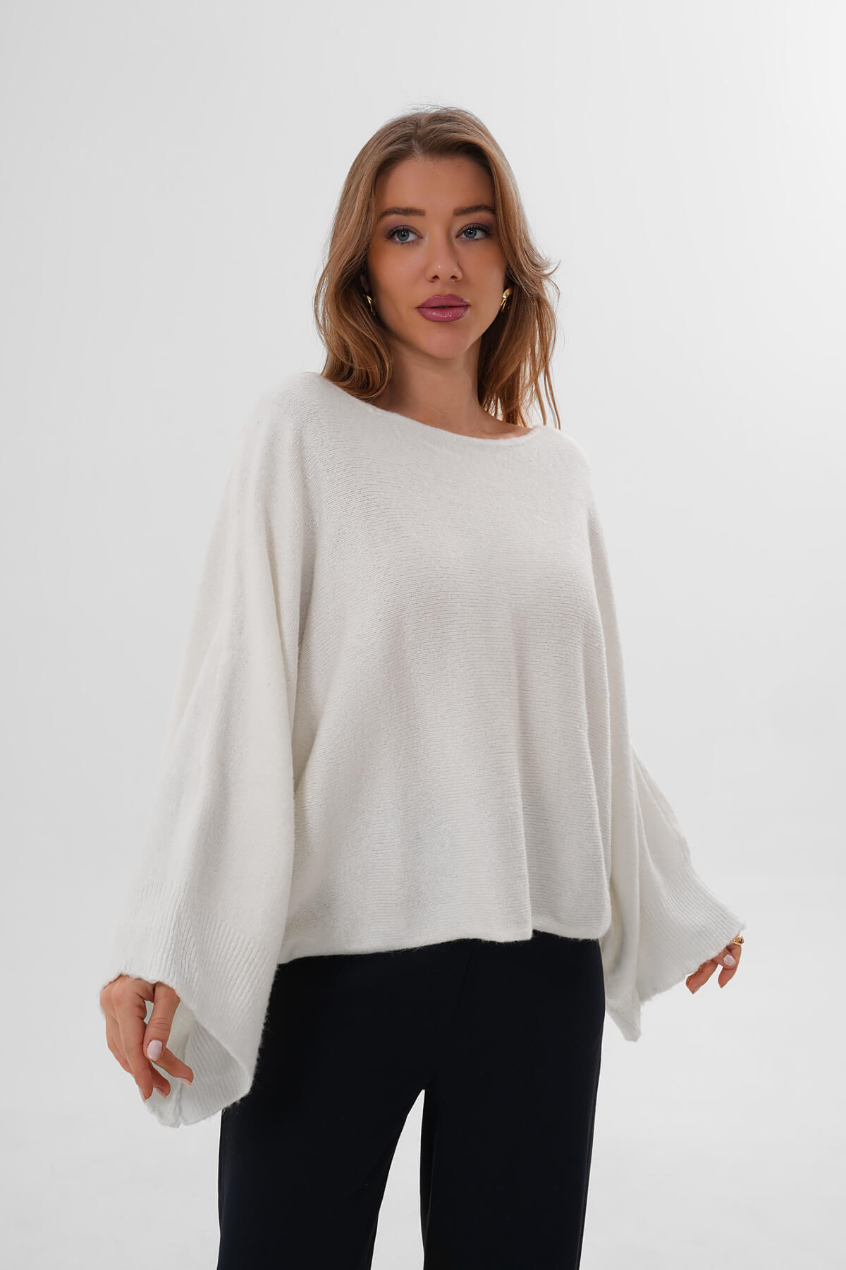 Geniş Yarasa Kol Triko MDG-1007 Krem - 2