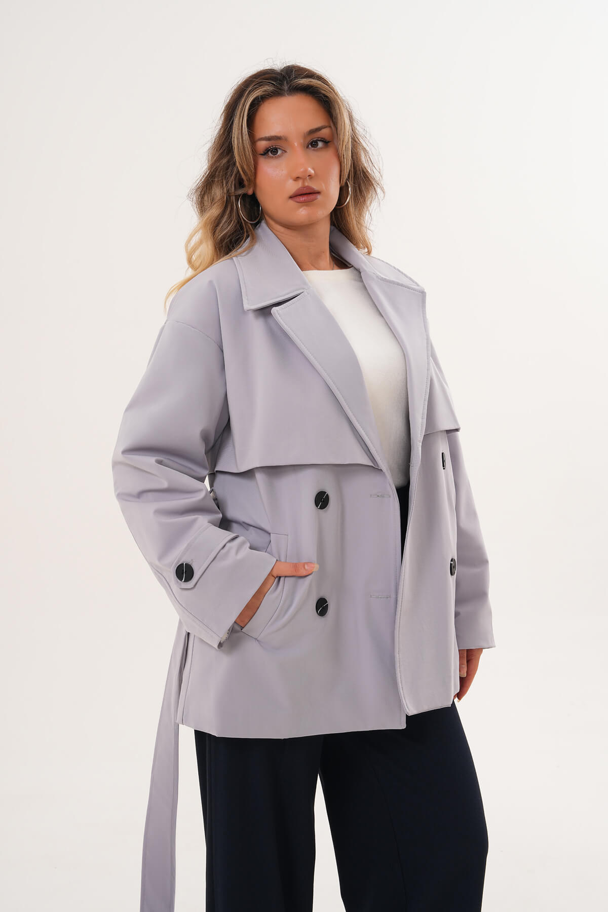 İçi Peluşlu Trenç MDG-ALTY-7011 Gri 