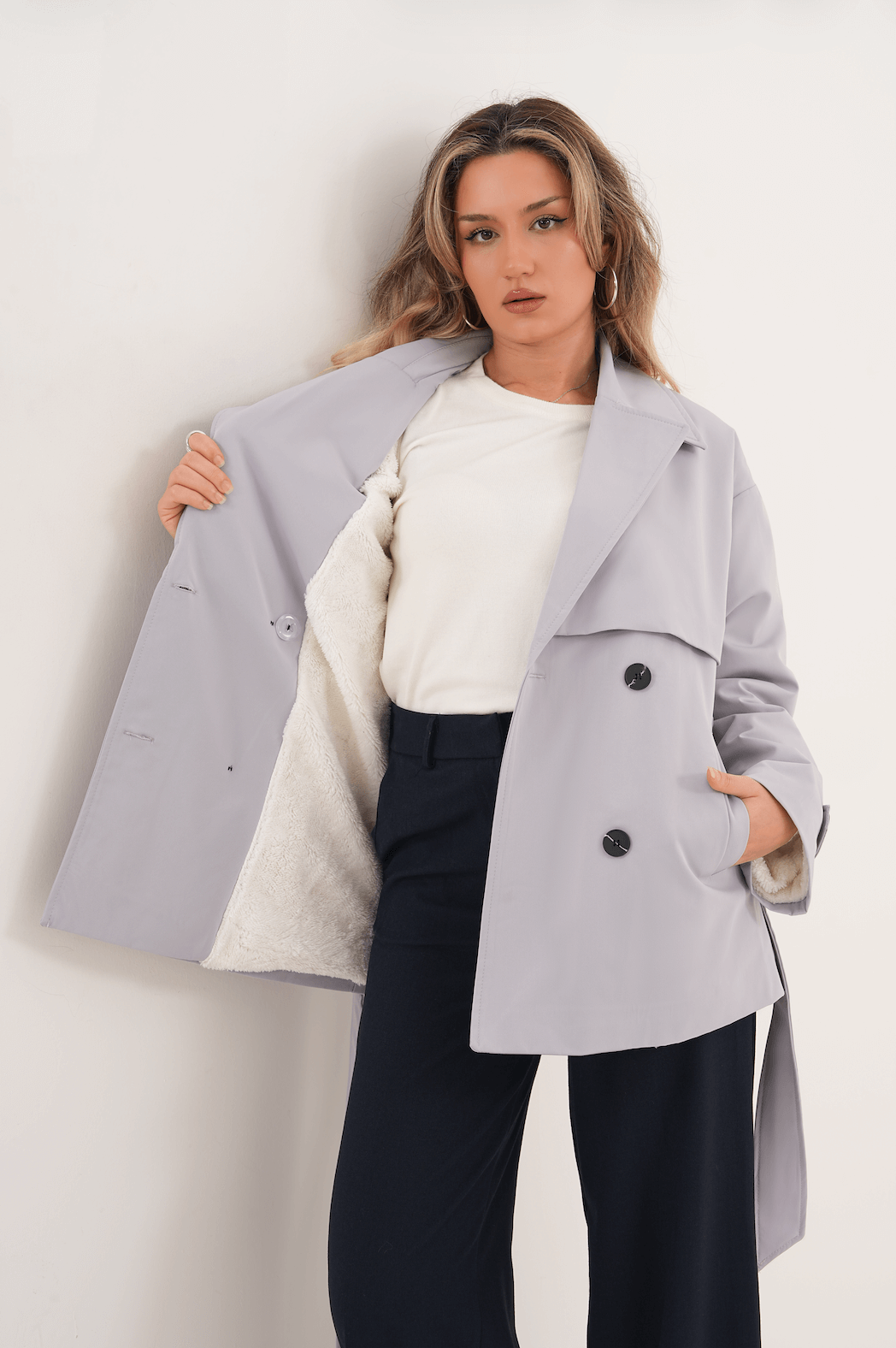 İçi Peluşlu Trenç MDG-ALTY-7011 Gri - 2