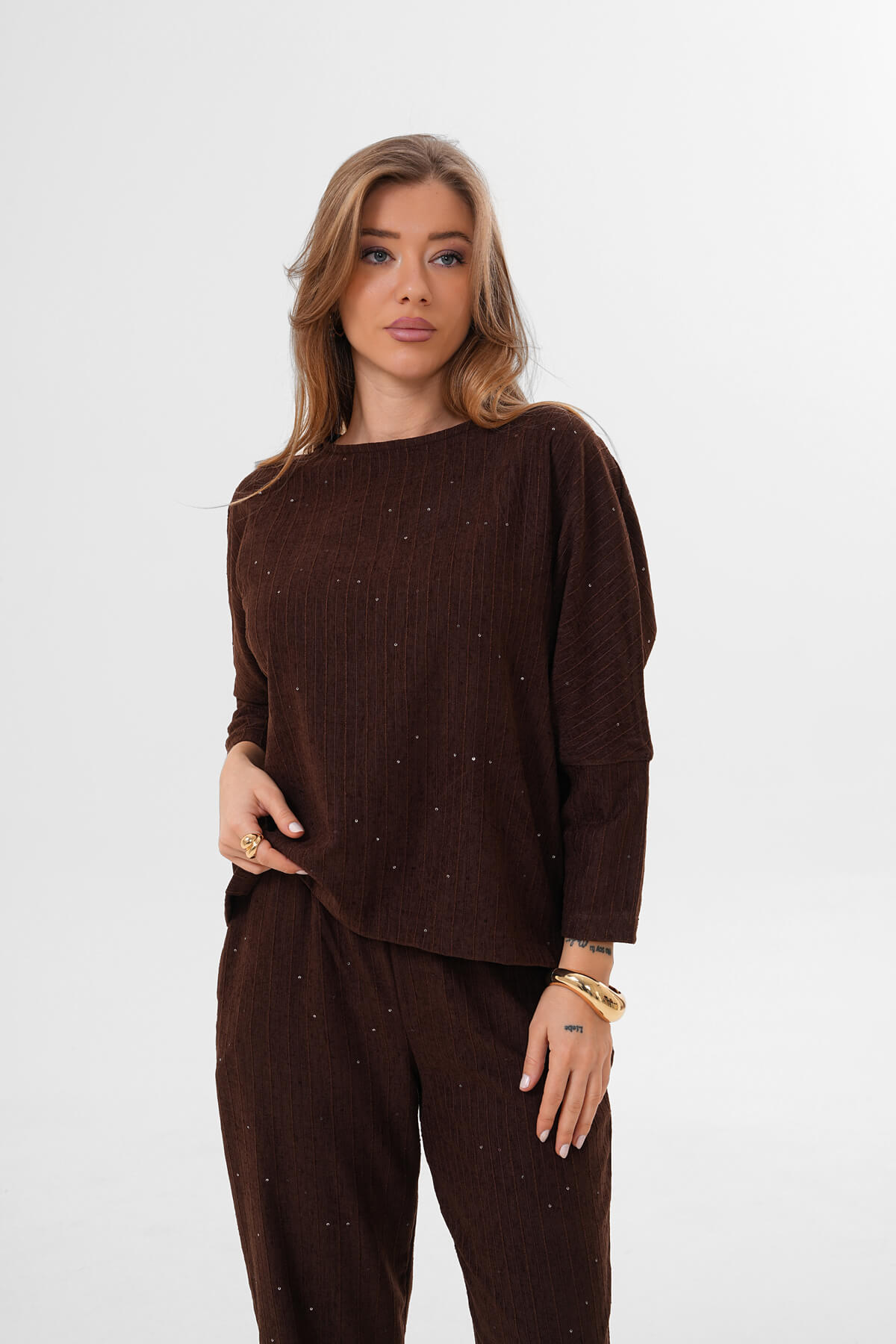 Kadife Pul Paletli Bluz MDG-25-D-105 Kahverengi - MDG