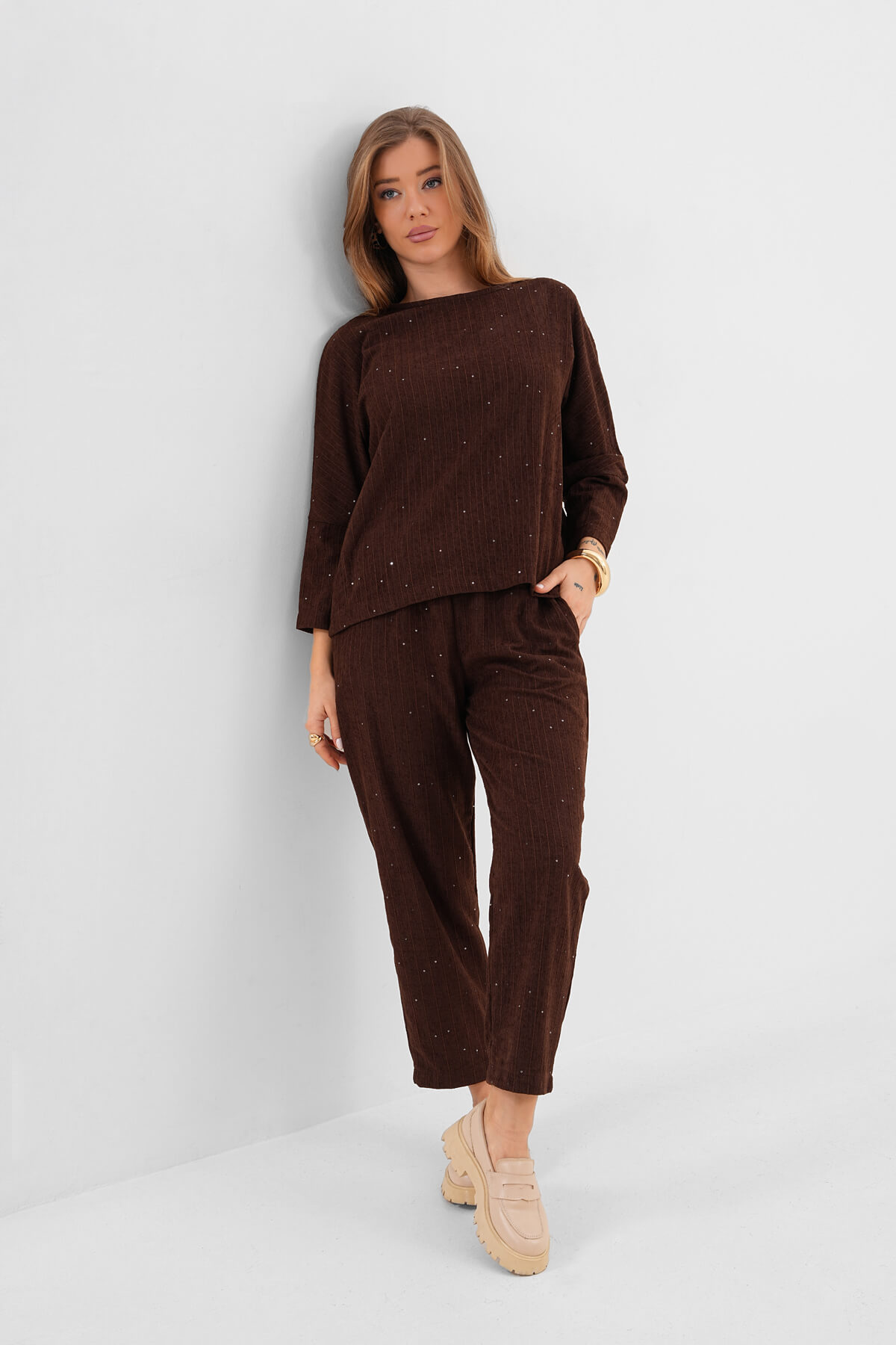 Kadife Pul Paletli Bluz MDG-25-D-105 Kahverengi - 2