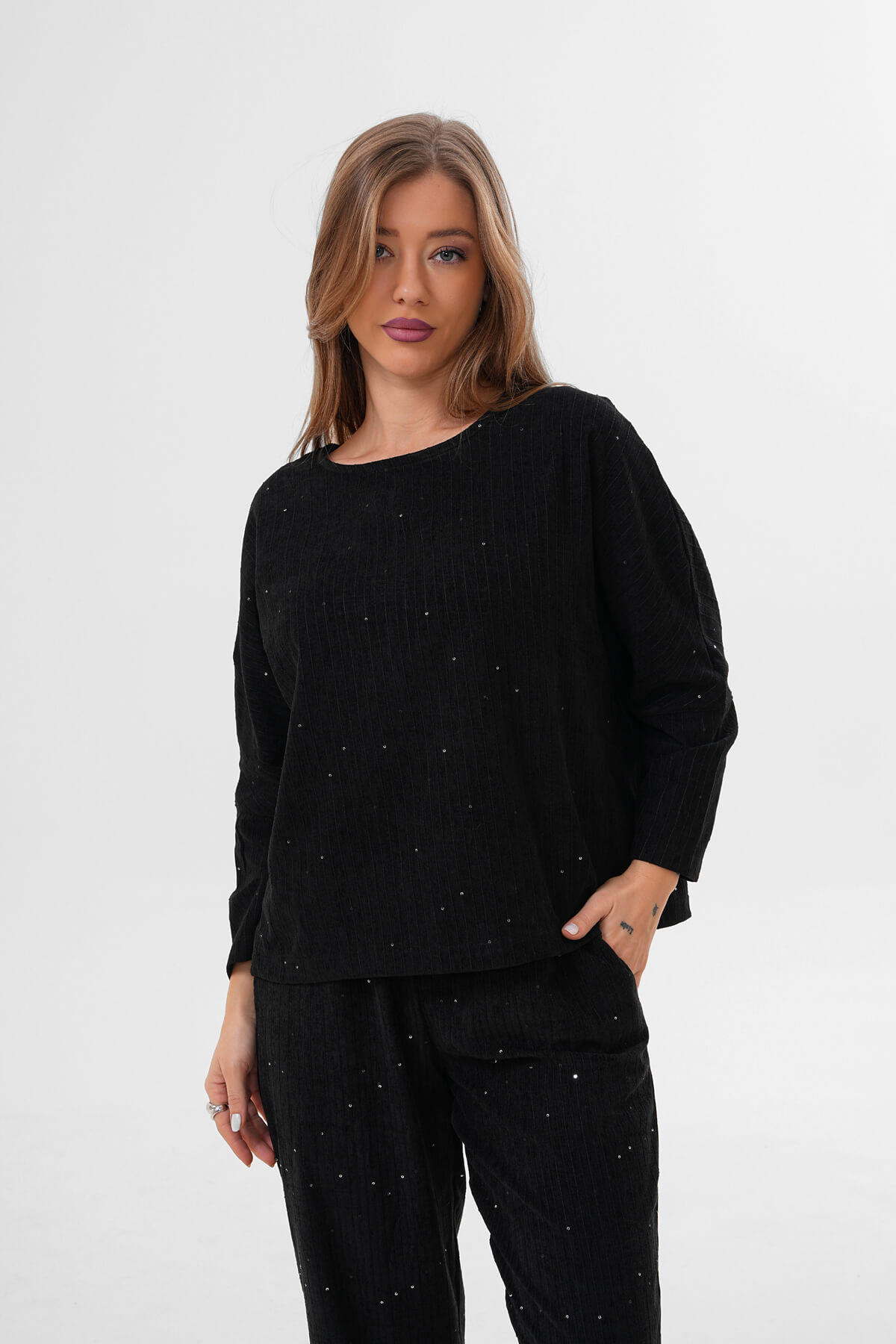 Kadife Pul Paletli Bluz MDG-25-D-105 Siyah - MDG