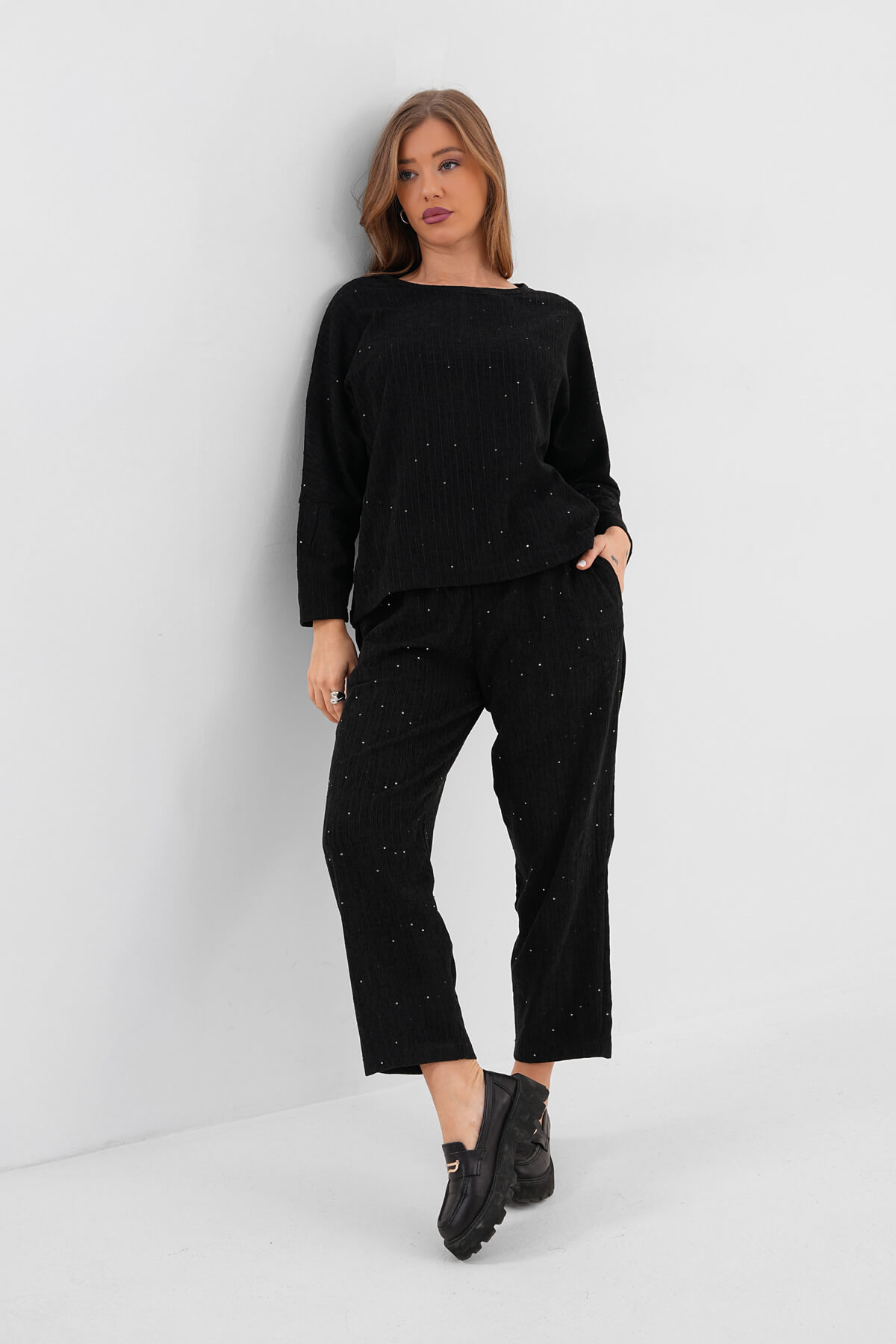 Kadife Pul Paletli Bluz MDG-25-D-105 Siyah - 3