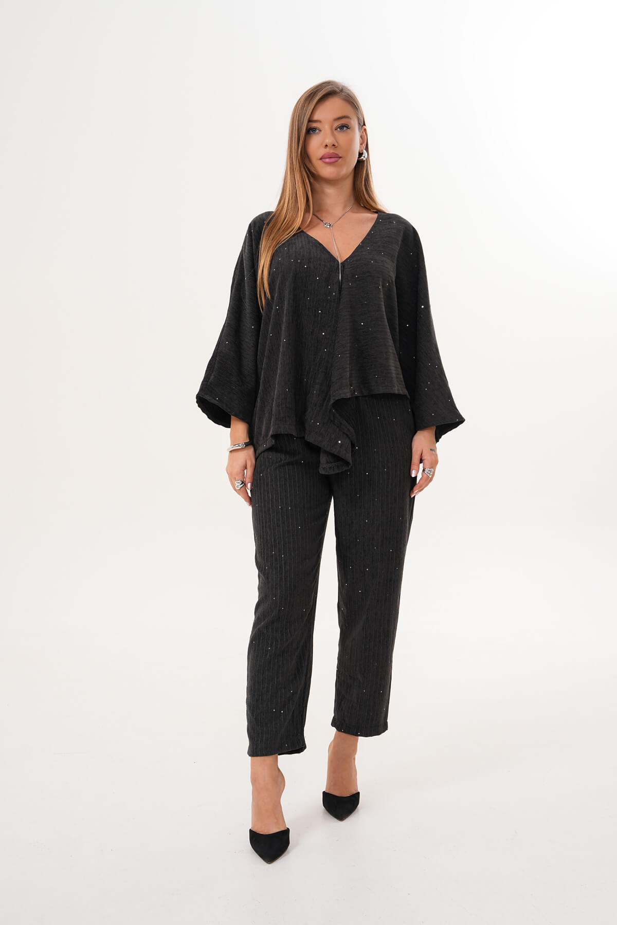 Kadife Pullu Plaetli Pantolon MDG-25-D-105-P Antrasit - MDG