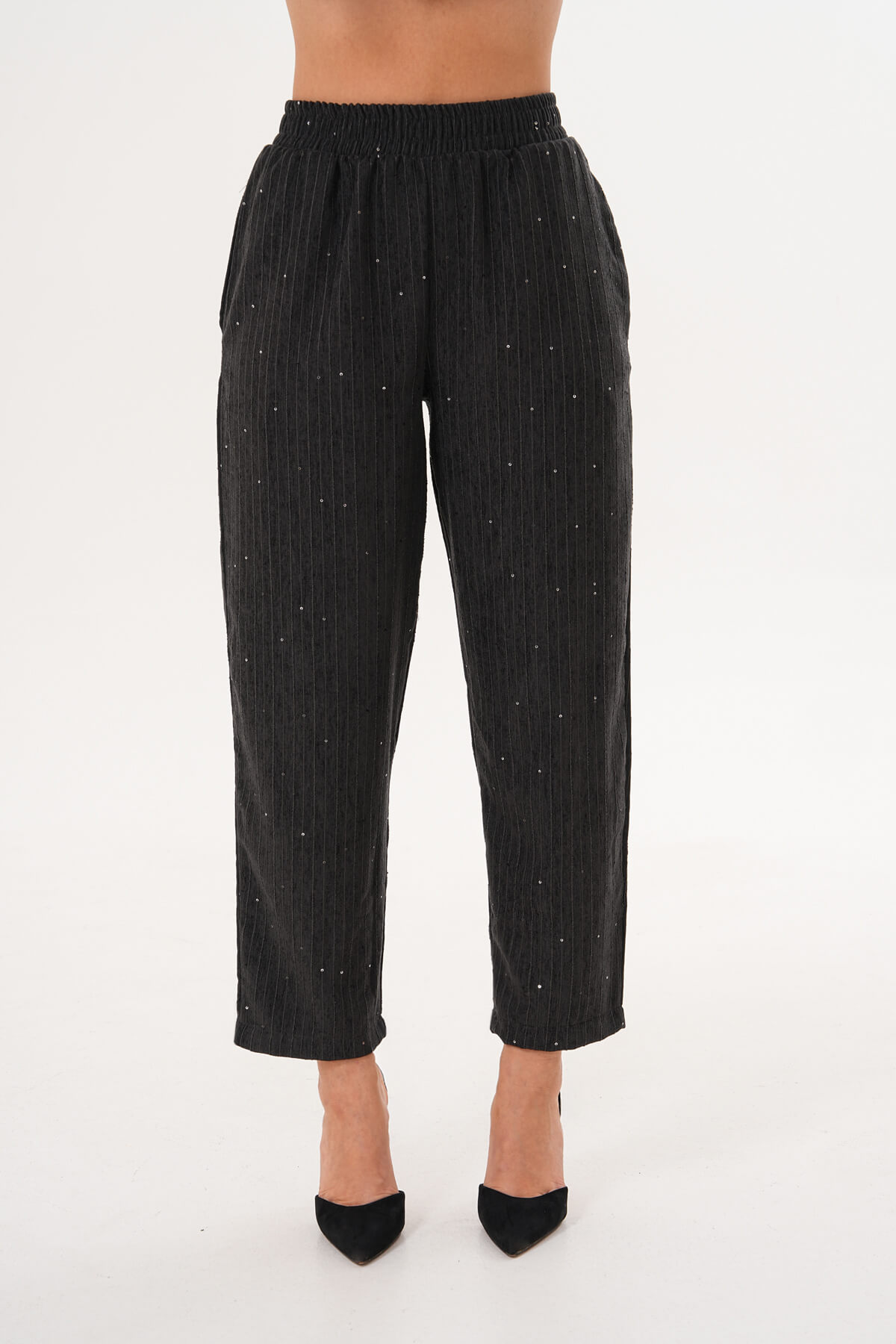 Kadife Pullu Plaetli Pantolon MDG-25-D-105-P Antrasit - 2