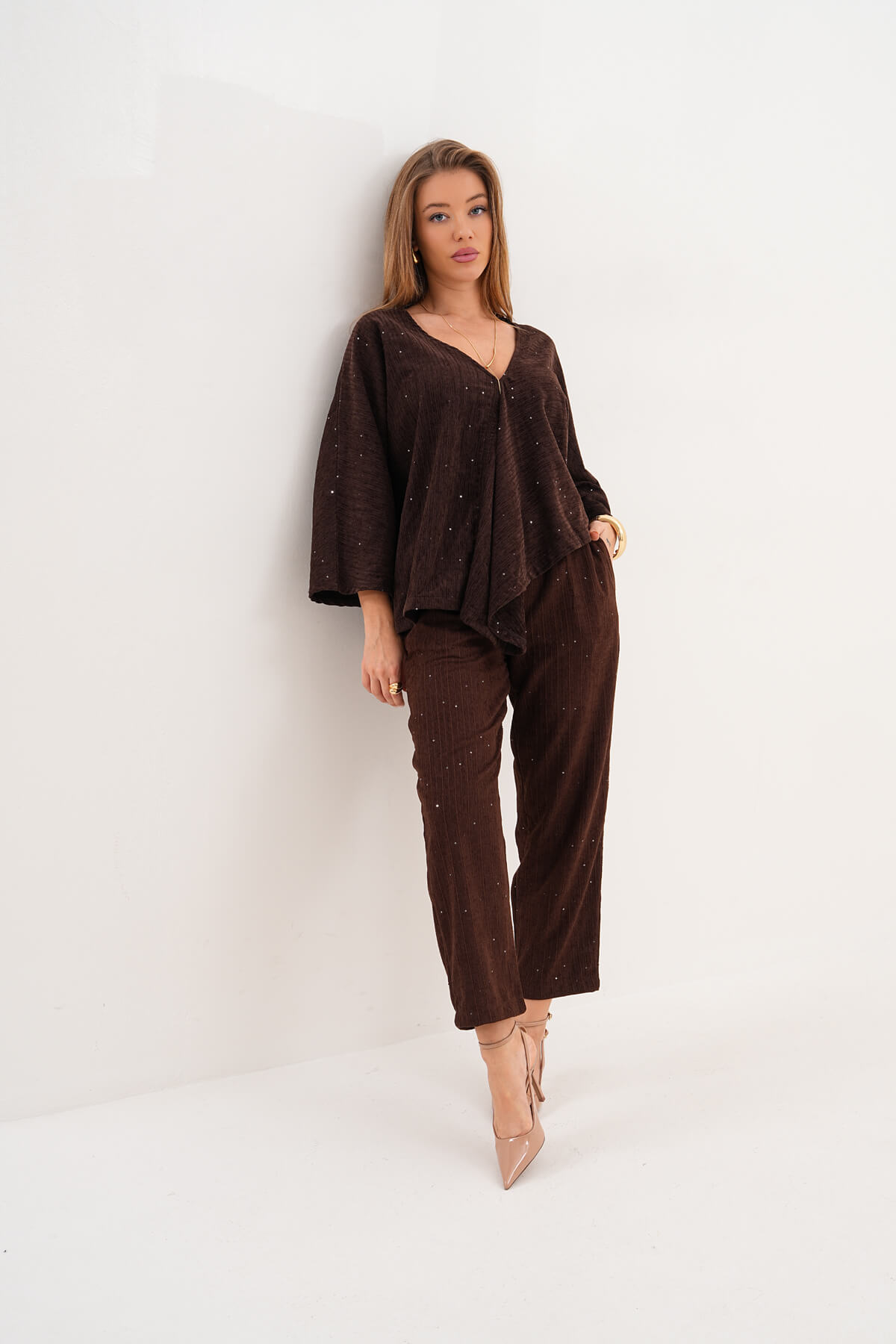 Kadife Pullu Plaetli Pantolon MDG-25-D-105-P Kahverengi - MDG