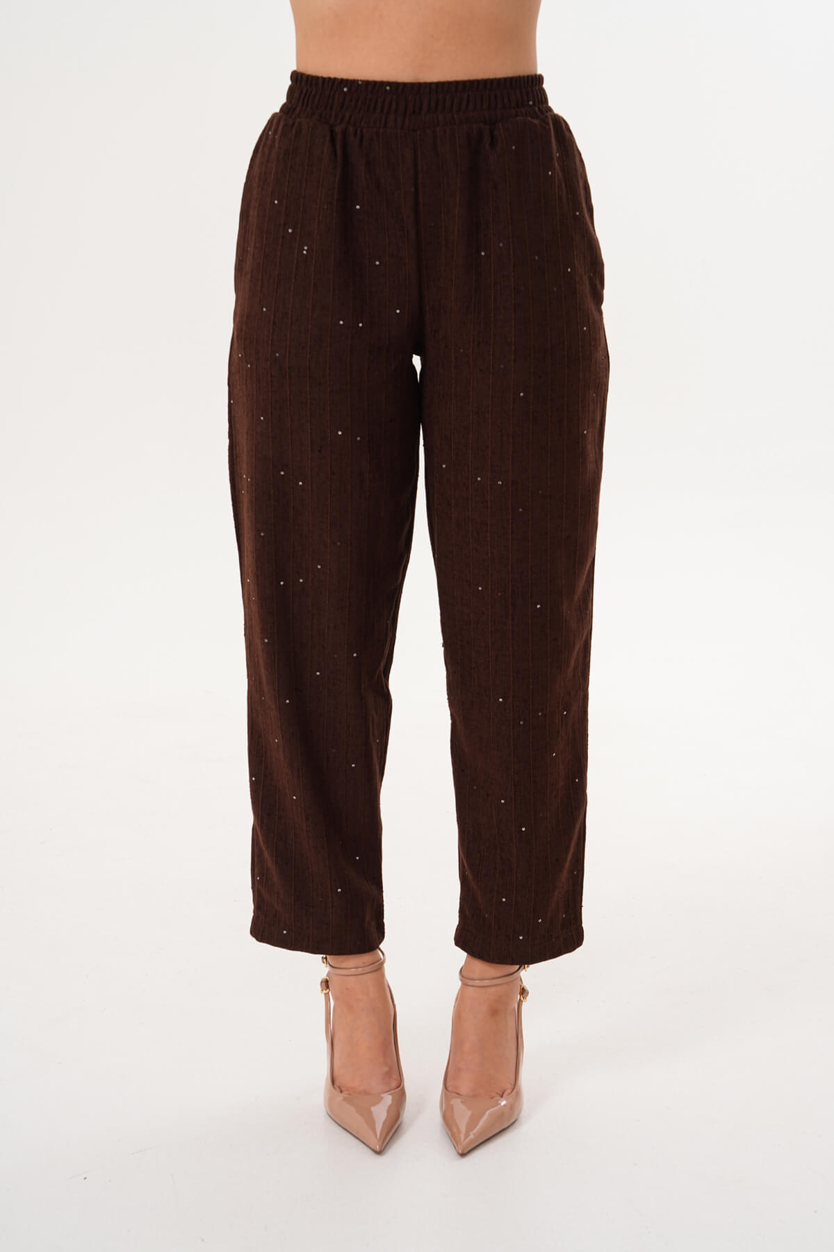 Kadife Pullu Plaetli Pantolon MDG-25-D-105-P Kahverengi - 2