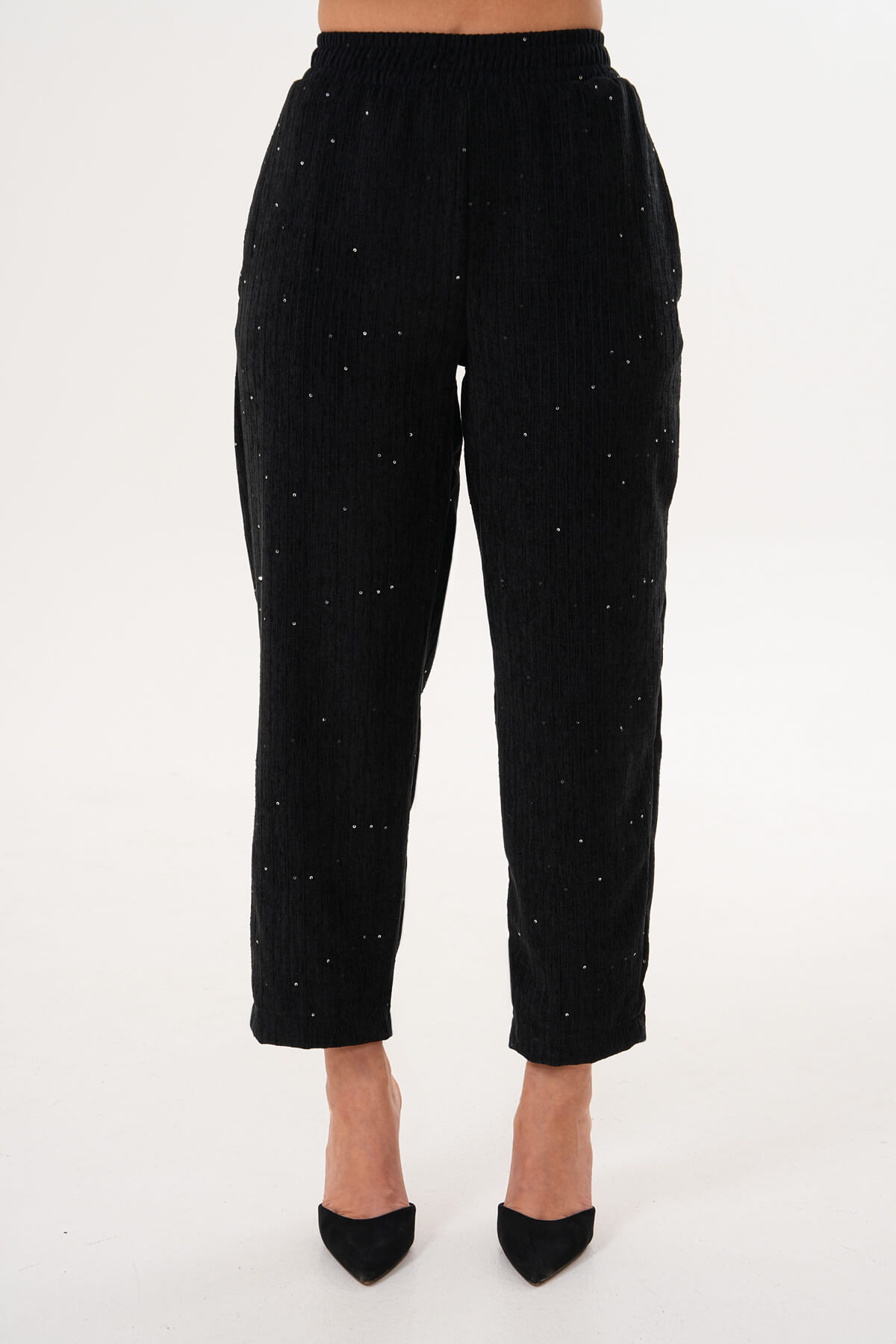Kadife Pullu Plaetli Pantolon MDG-25-D-105-P Siyah - 2
