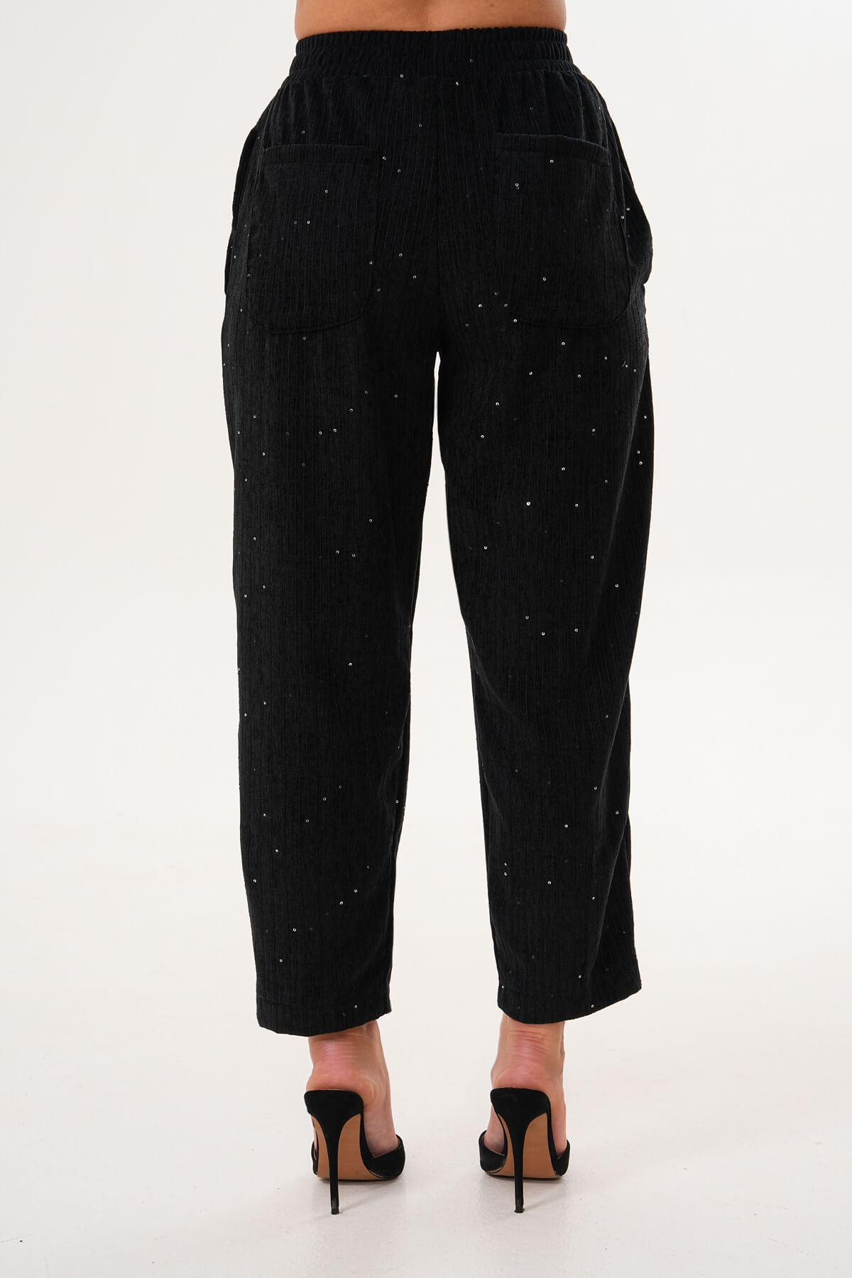 Kadife Pullu Plaetli Pantolon MDG-25-D-105-P Siyah - 4