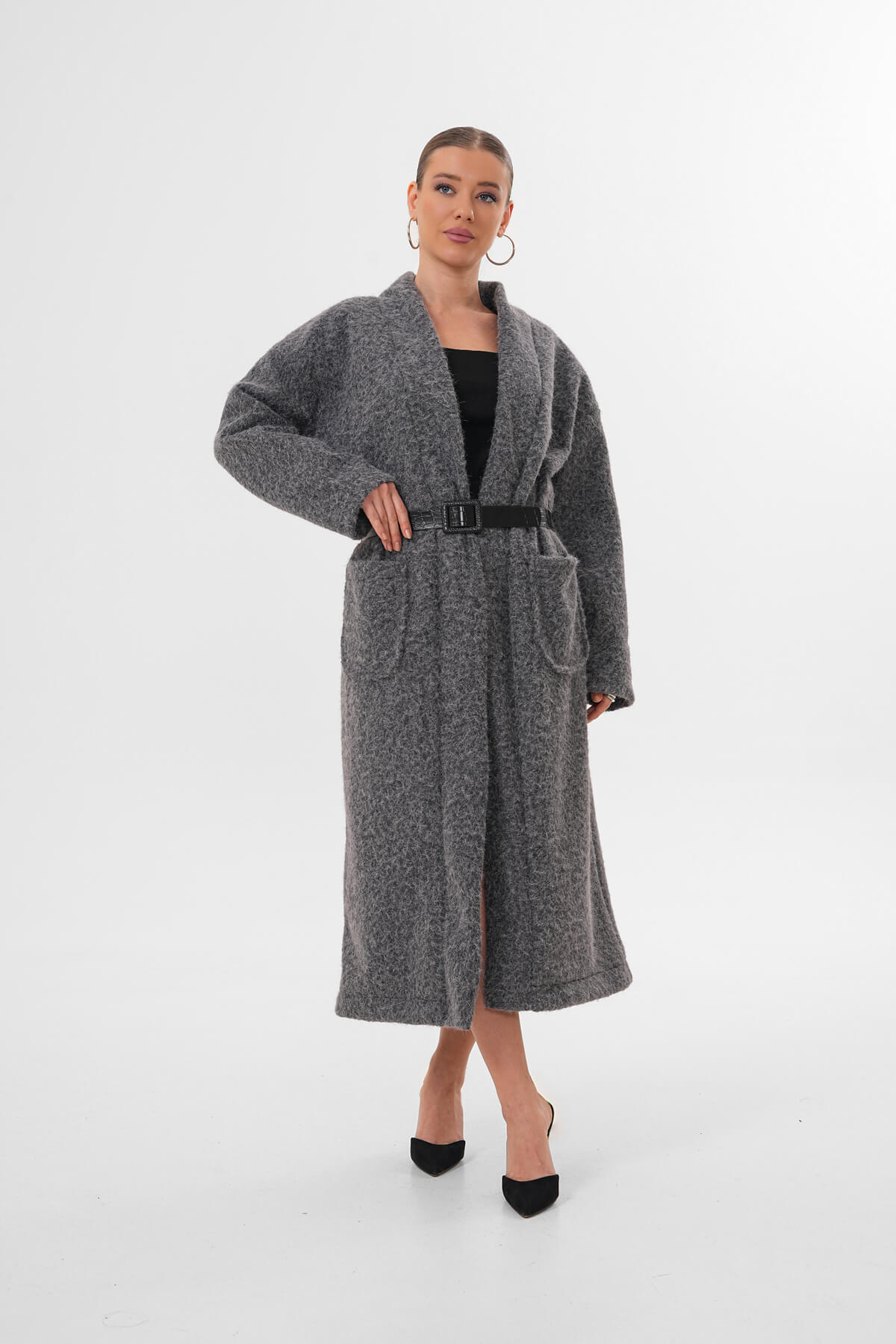 Kemerli Kaşe Uzun Hırka MDG-25-D-106 Antrasit - MDG