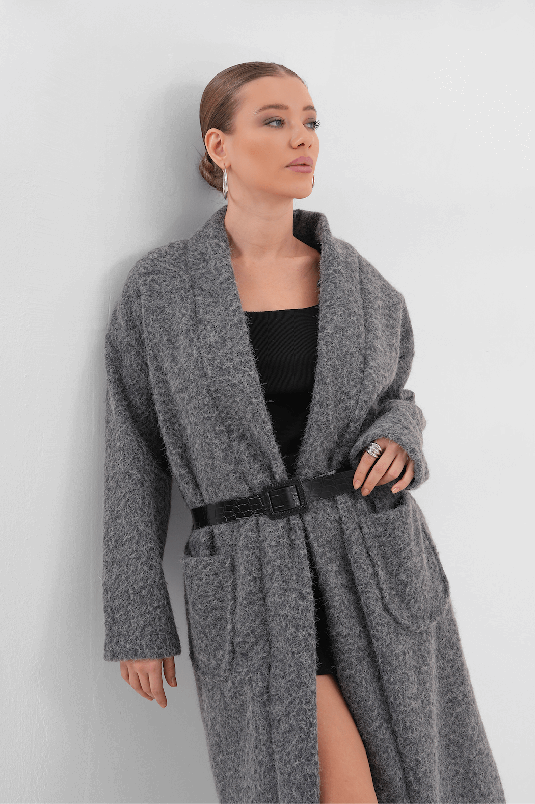 Kemerli Kaşe Uzun Hırka MDG-25-D-106 Antrasit - 2