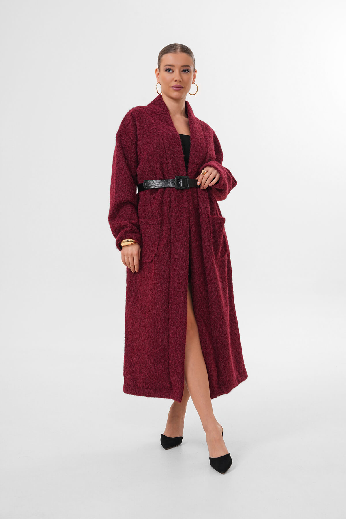 Kemerli Kaşe Uzun Hırka MDG-25-D-106 Bordo - MDG