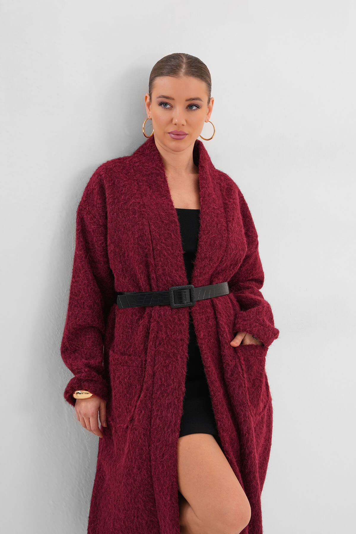 Kemerli Kaşe Uzun Hırka MDG-25-D-106 Bordo - 2