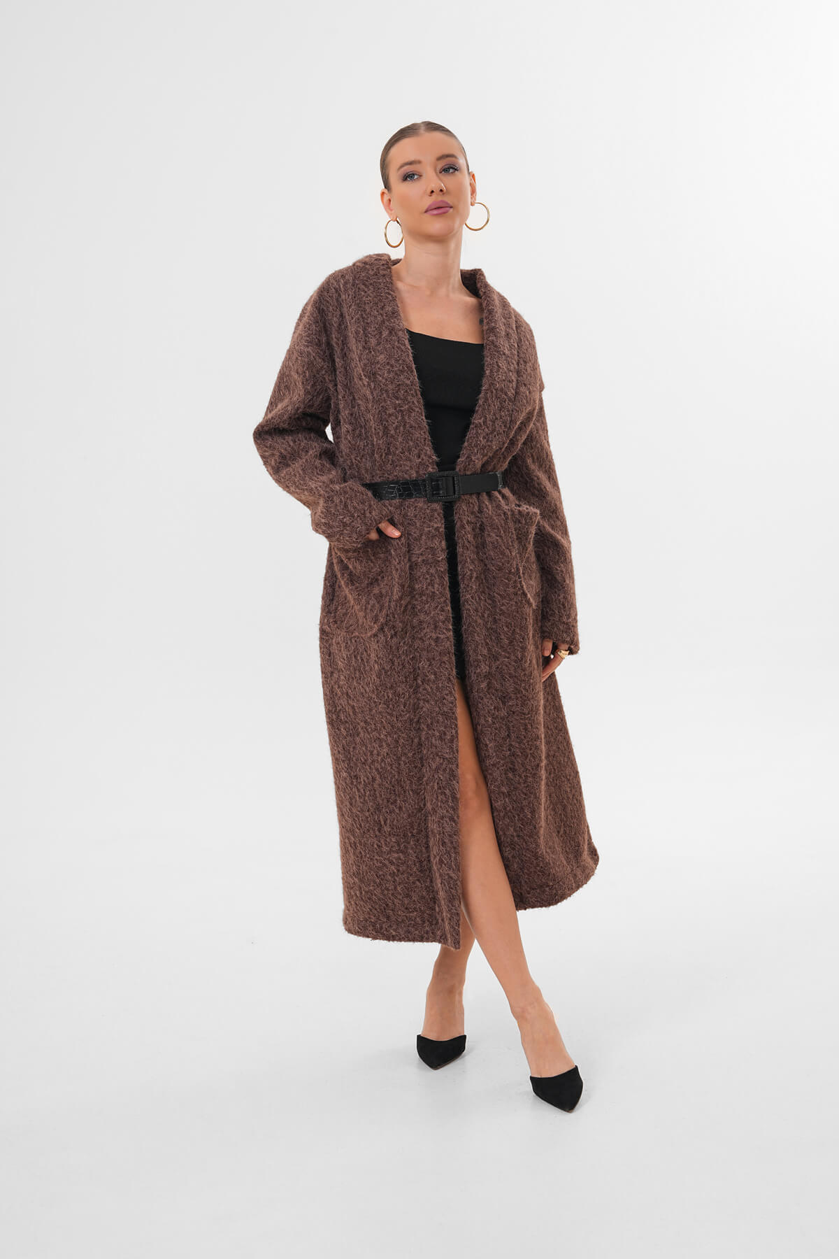 Kemerli Kaşe Uzun Hırka MDG-25-D-106 Kahverengi - MDG