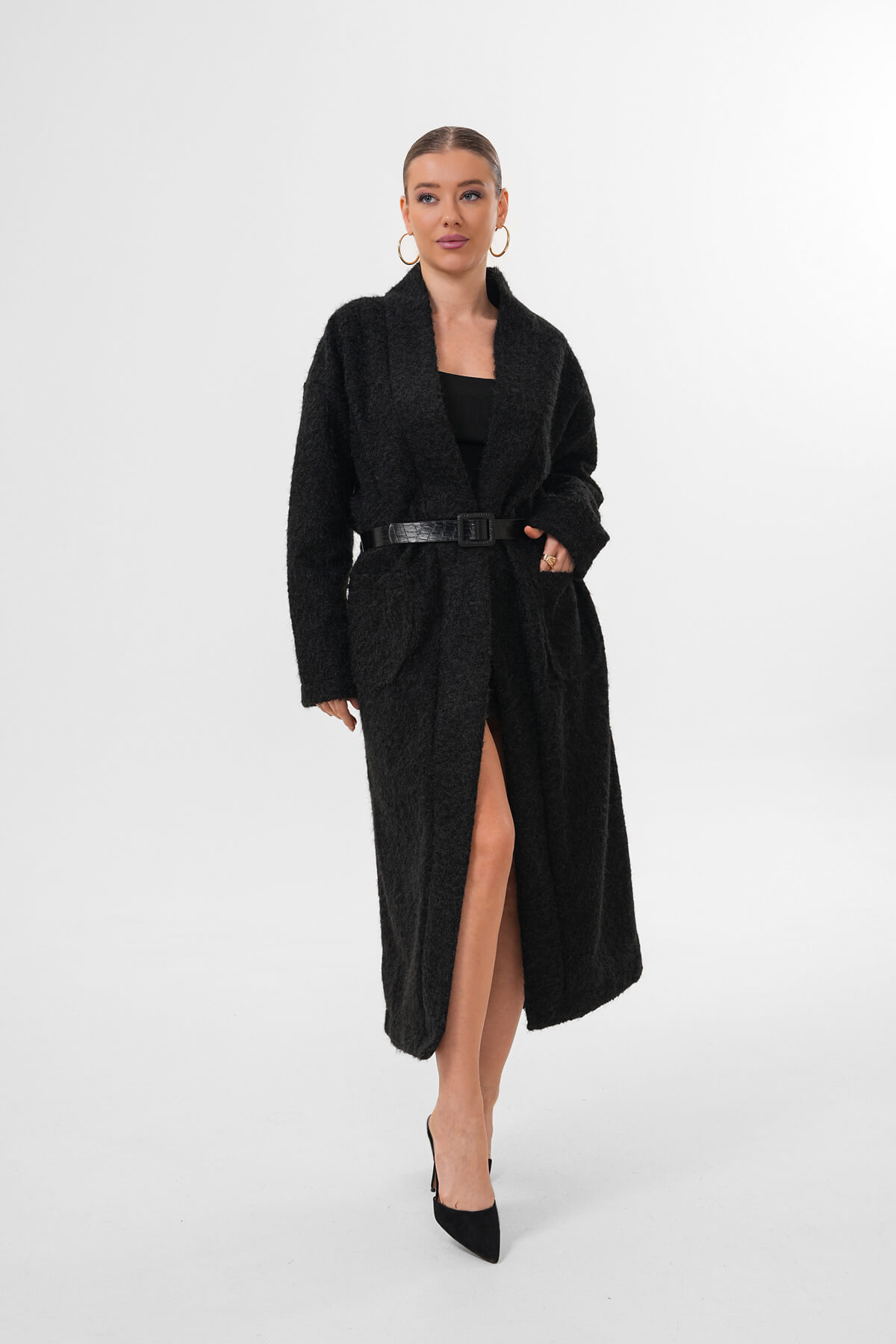 Kemerli Kaşe Uzun Hırka MDG-25-D-106 Siyah - MDG