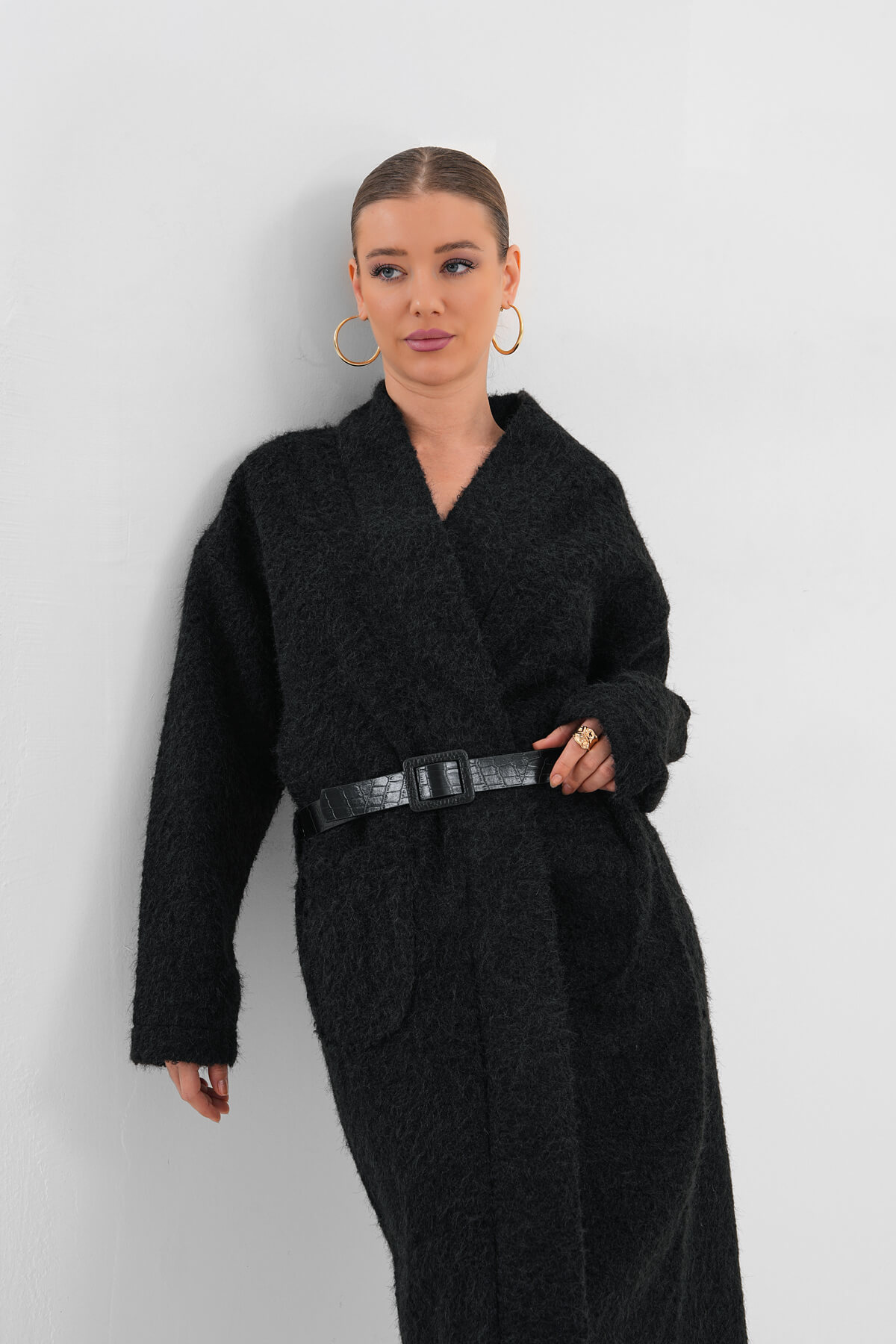 Kemerli Kaşe Uzun Hırka MDG-25-D-106 Siyah - 2