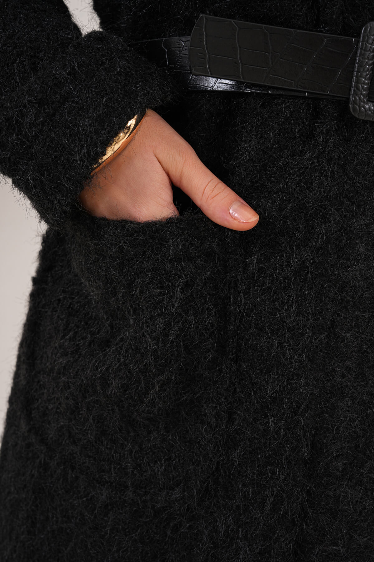 Kemerli Kaşe Uzun Hırka MDG-25-D-106 Siyah - 4