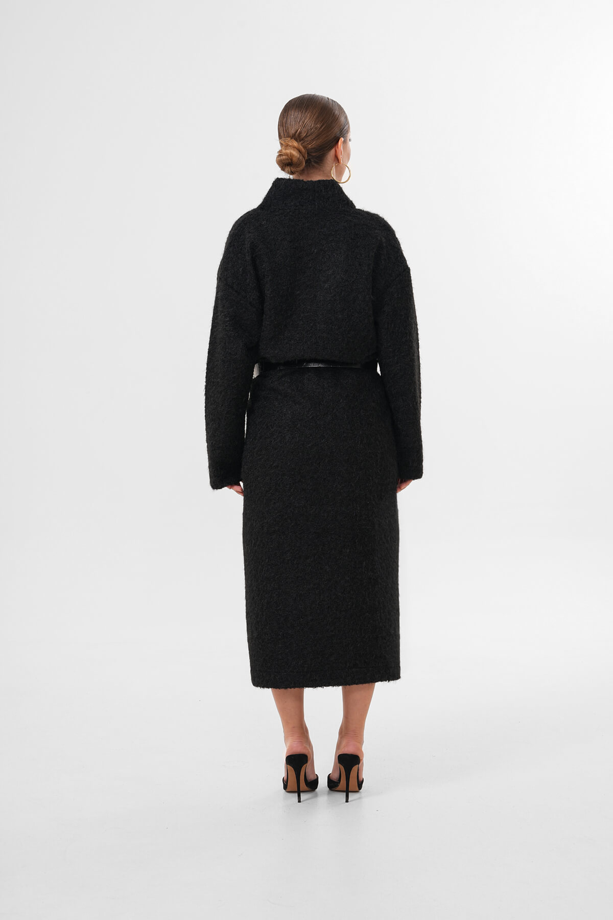 Kemerli Kaşe Uzun Hırka MDG-25-D-106 Siyah - 5