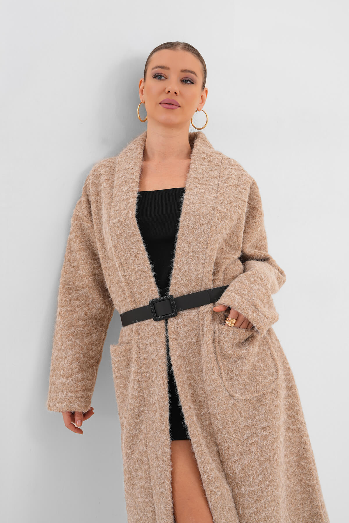 Kemerli Kaşe Uzun Hırka MDG-25-D-106 Taş 