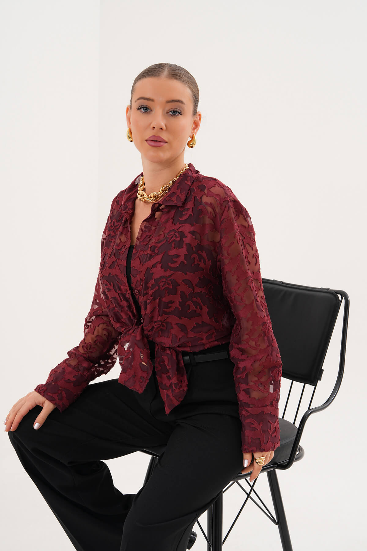 Kırışık Dokulu Transparan Puantiyeli Gömlek MDG-25-06 Bordo - 1