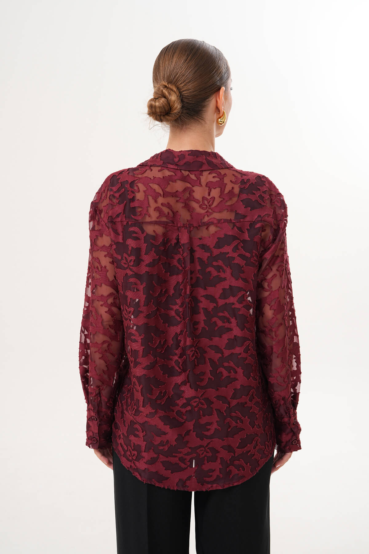 Kırışık Dokulu Transparan Puantiyeli Gömlek MDG-25-06 Bordo - 3