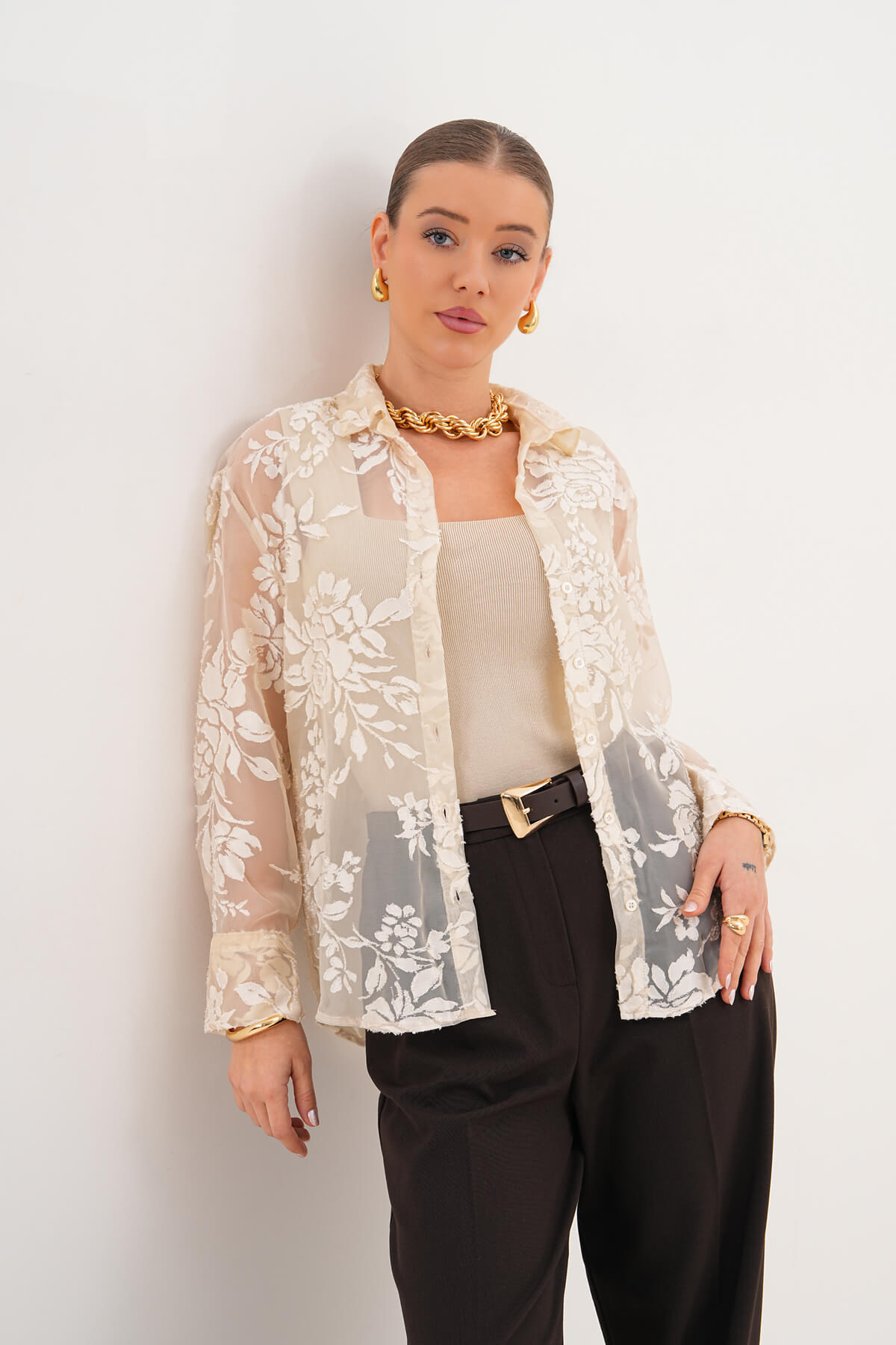 Kırışık Dokulu Transparan Puantiyeli Gömlek MDG-25-06 Ekru 