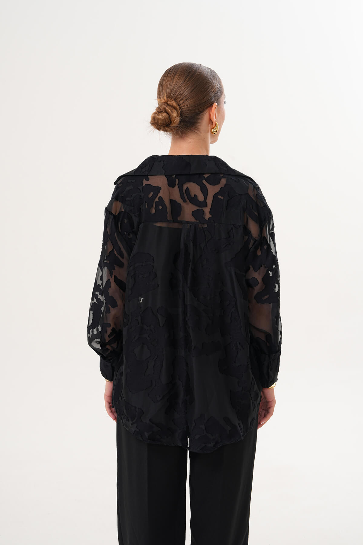 Kırışık Dokulu Transparan Puantiyeli Gömlek MDG-25-06 Siyah - 2