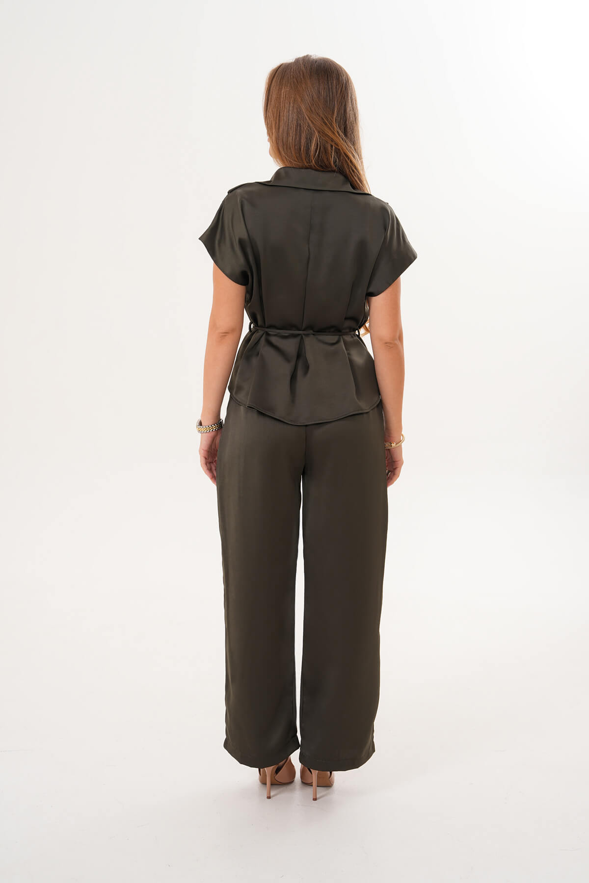 Kısa Kollu İp Kemerli Saten Gömlek MDG-25-D-81 Haki - 4