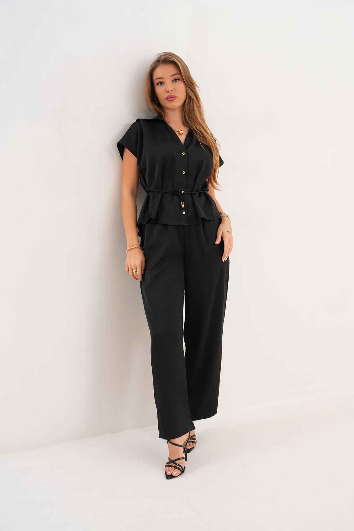 Kısa Kollu İp Kemerli Saten Gömlek MDG-25-D-81 Siyah - 3