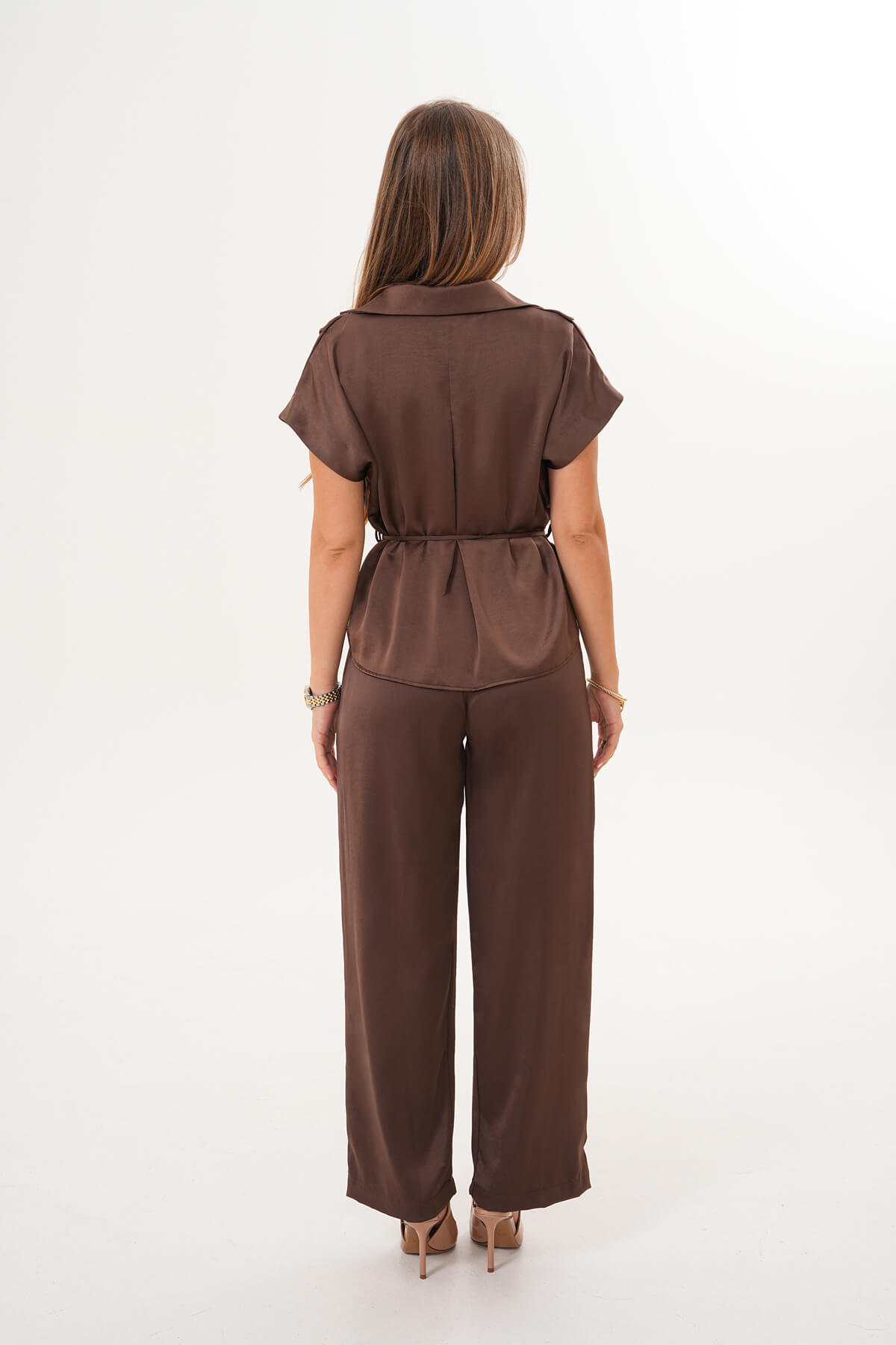Kısa Kollu İp Kemerli Saten Takım MDG-25-D-81 Kahverengi - 4