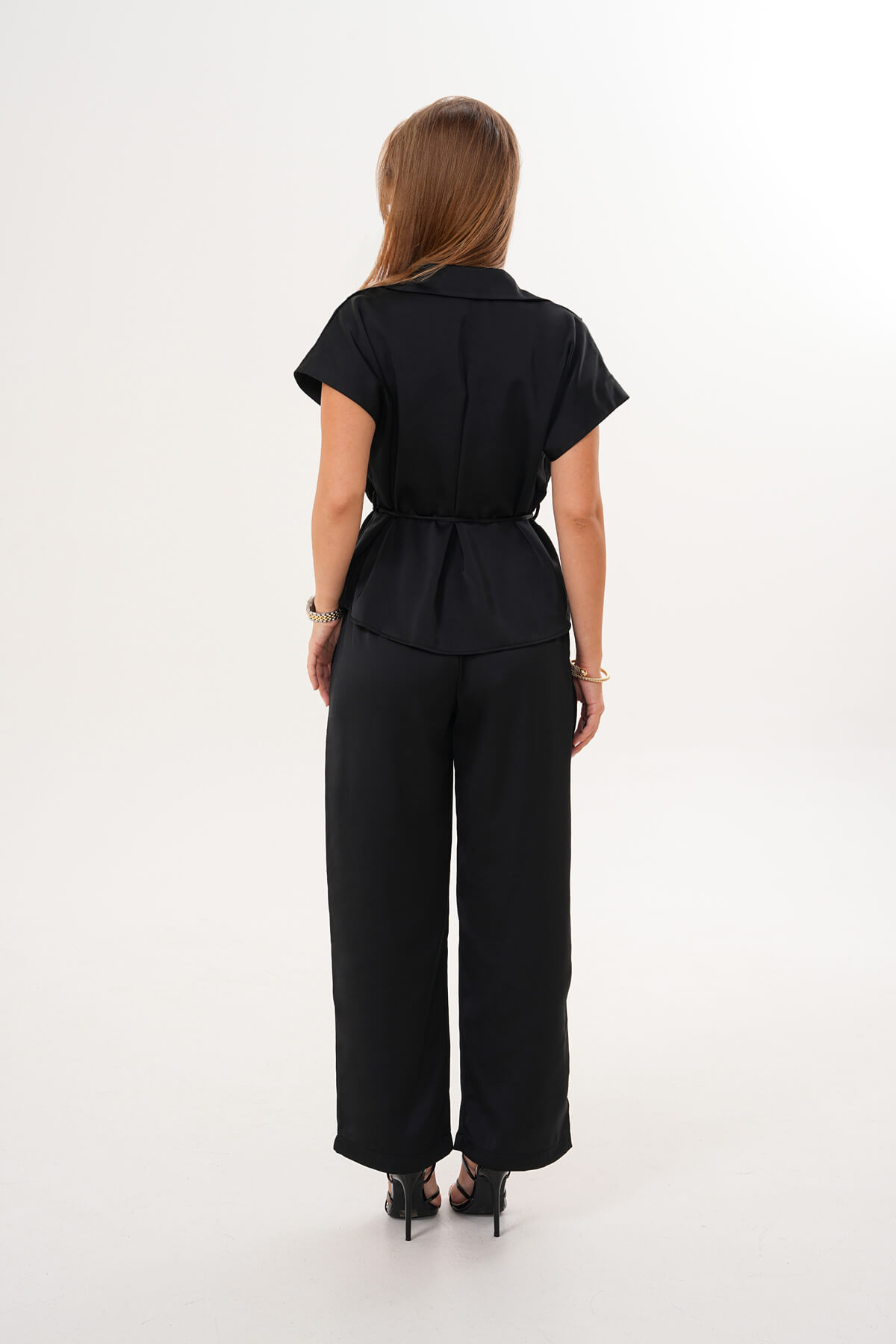 Kısa Kollu İp Kemerli Saten Takım MDG-25-D-81 Siyah - 4