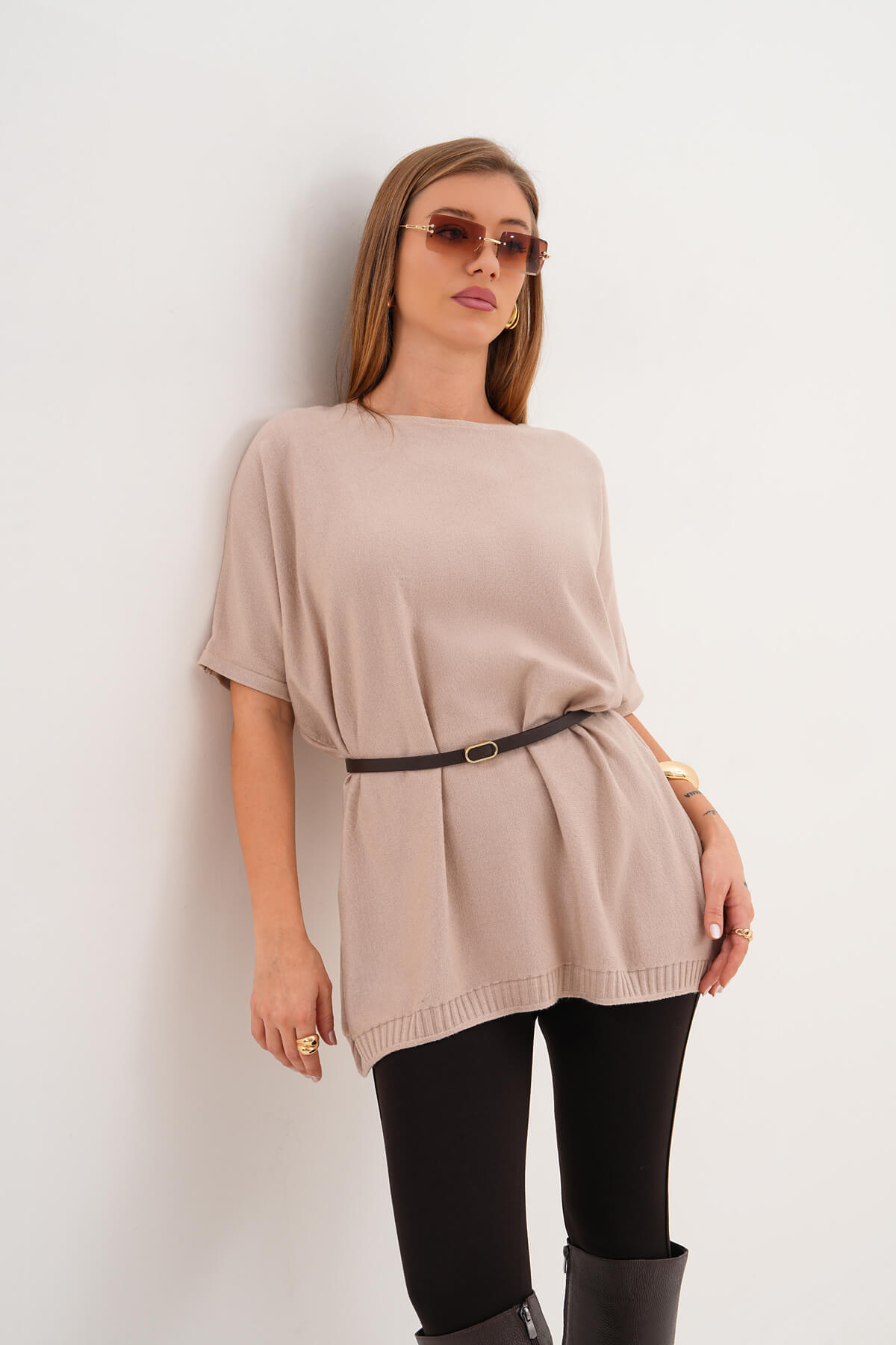 Kısa Kollu Triko Kazak MDG-22920 Bej - MDG