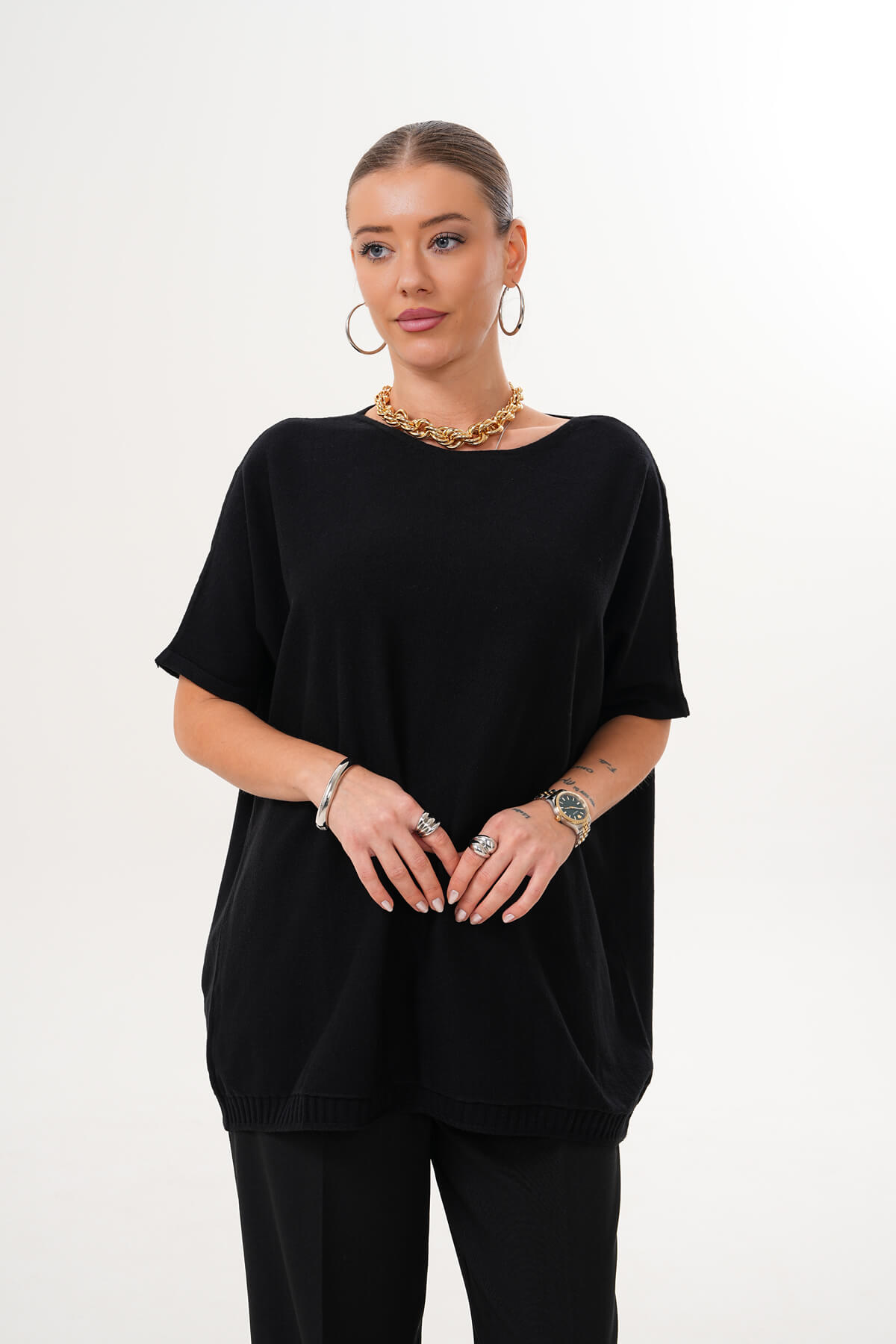 Kısa Kollu Triko Kazak MDG-22920 Siyah - 1