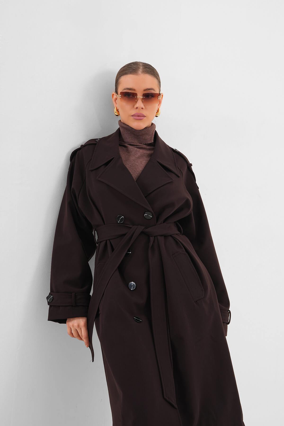 Kolları Kemer Detaylı Uzun Trenç MDG-ALTY-1003 Kahverengi 