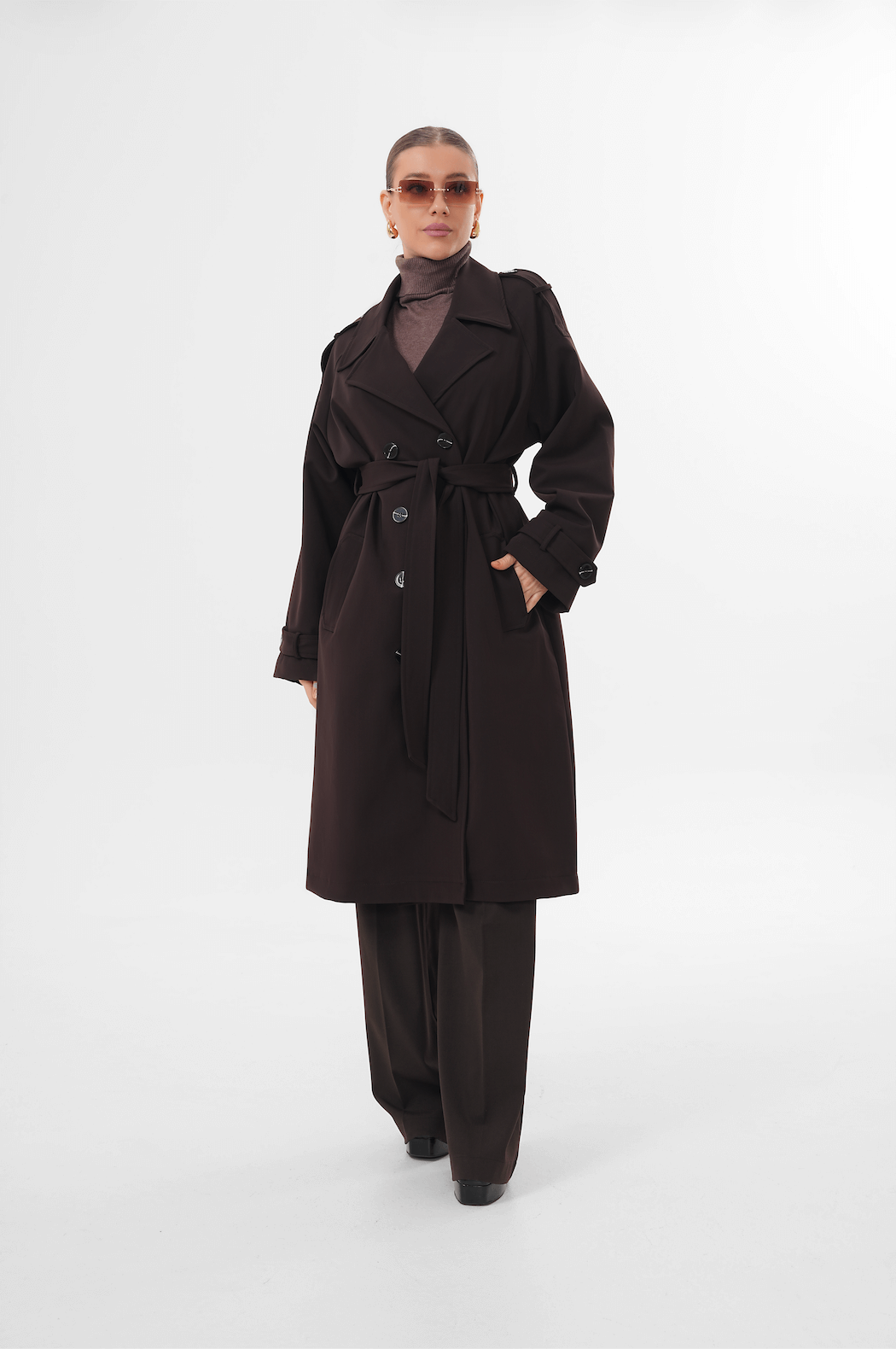 Kolları Kemer Detaylı Uzun Trenç MDG-ALTY-1003 Kahverengi - 2