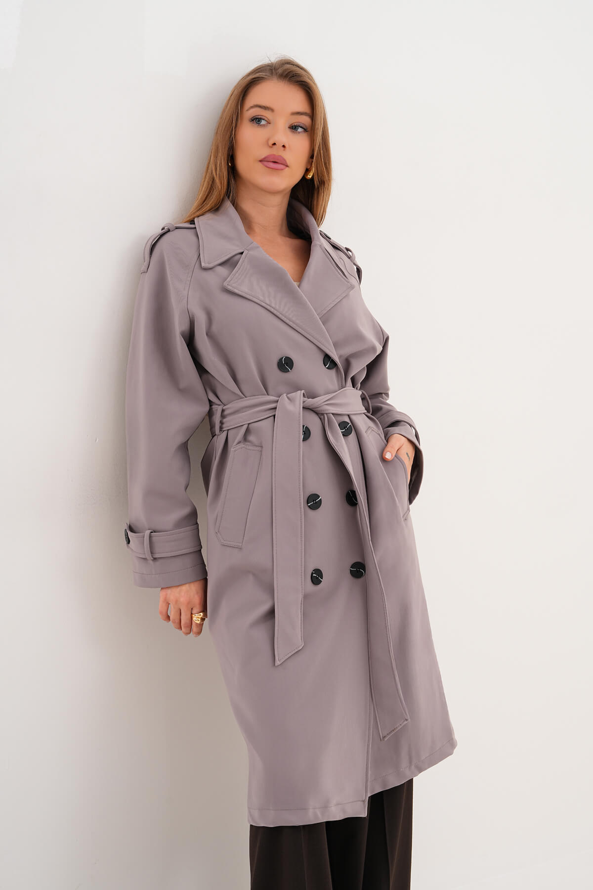 Kolları Kemer Detaylı Uzun Trenç MDG-ALTY-1003 Taş - MDG