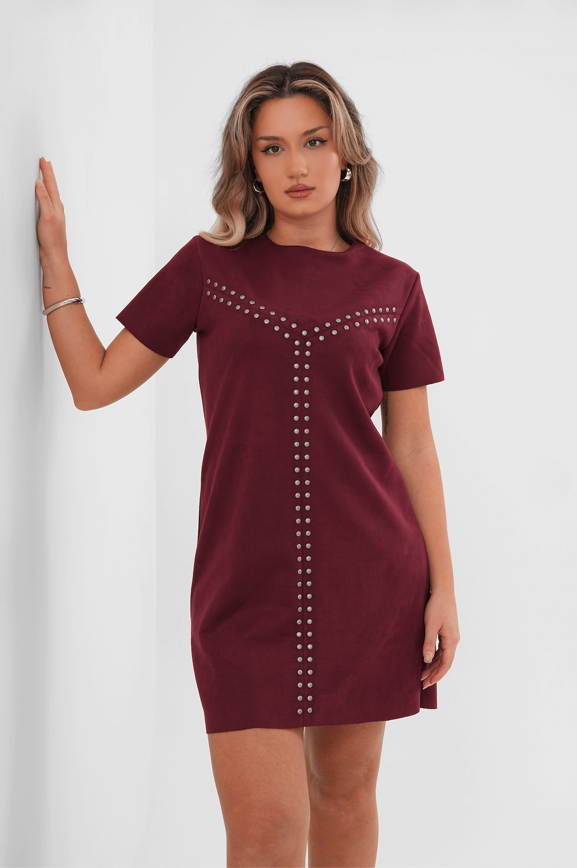 Metal Süs Detaylı Süet Mini Elbise MDG-25-D-108 Bordo - 1