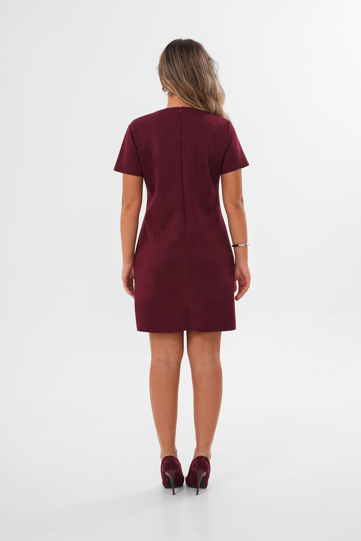 Metal Süs Detaylı Süet Mini Elbise MDG-25-D-108 Bordo - 4