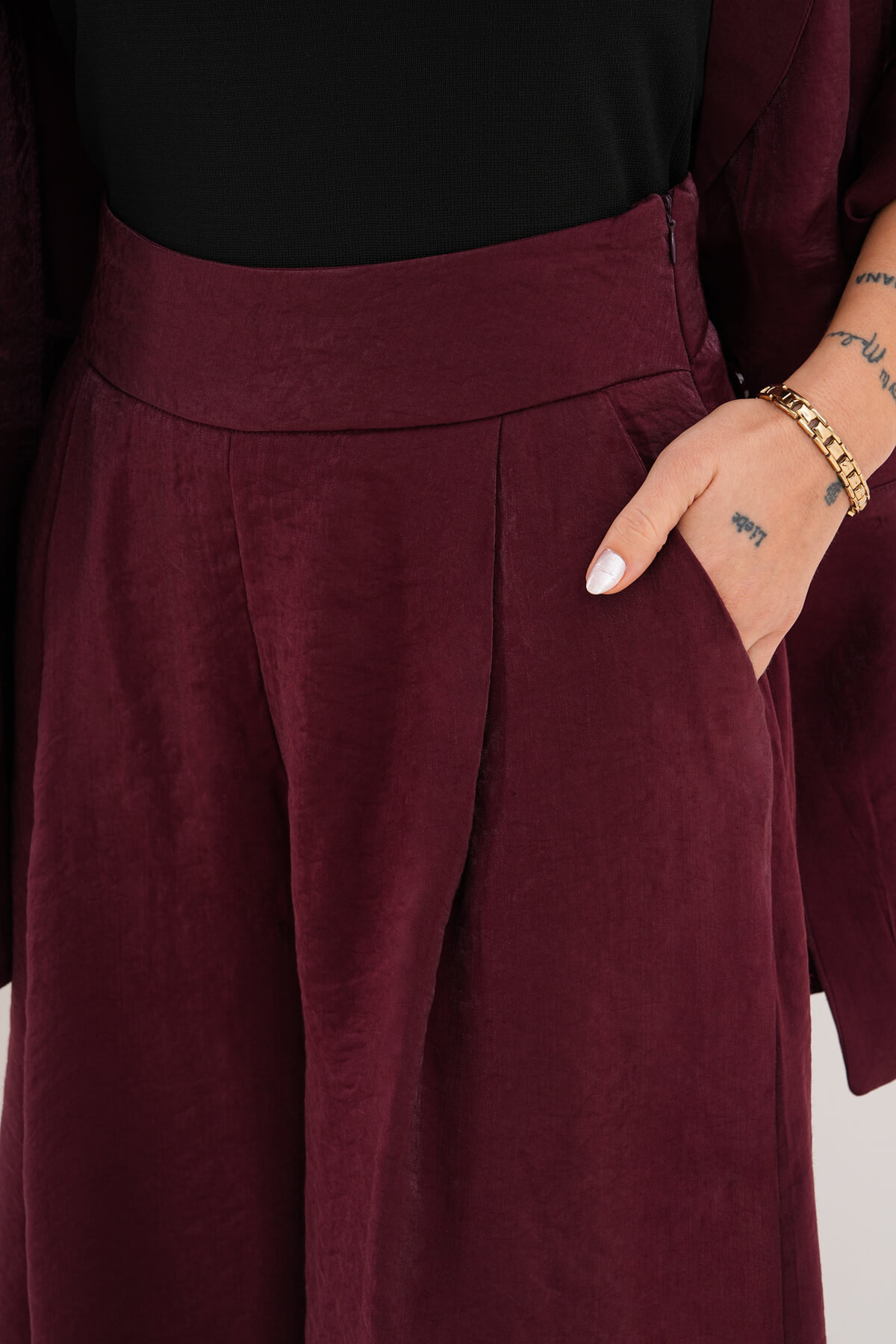 Pileli Cepli Geniş Paça Pantolon MDG-25-D-92-P Bordo - 2