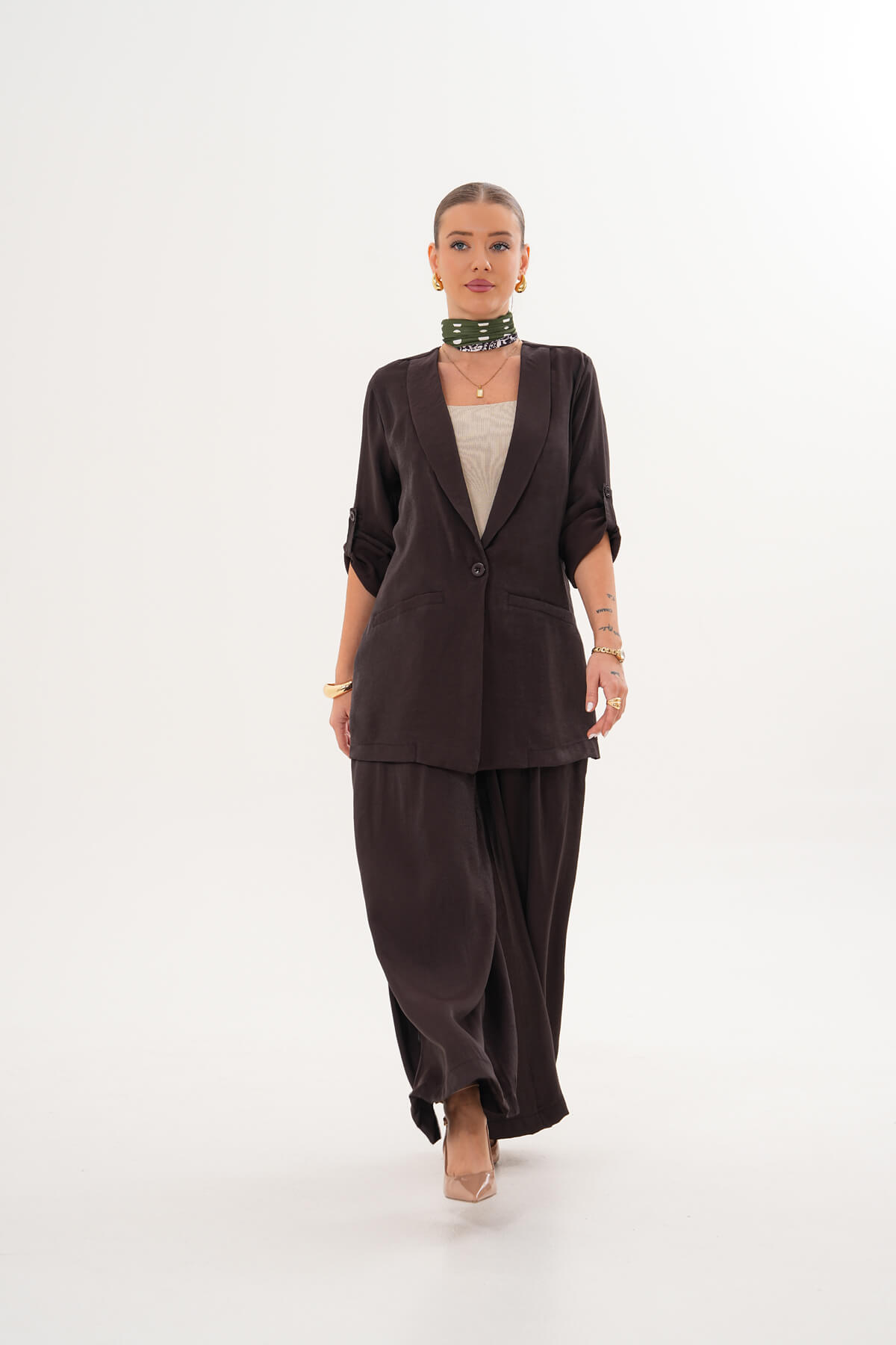 Pileli Cepli Geniş Paça Pantolon MDG-25-D-92-P Kahverengi - 1