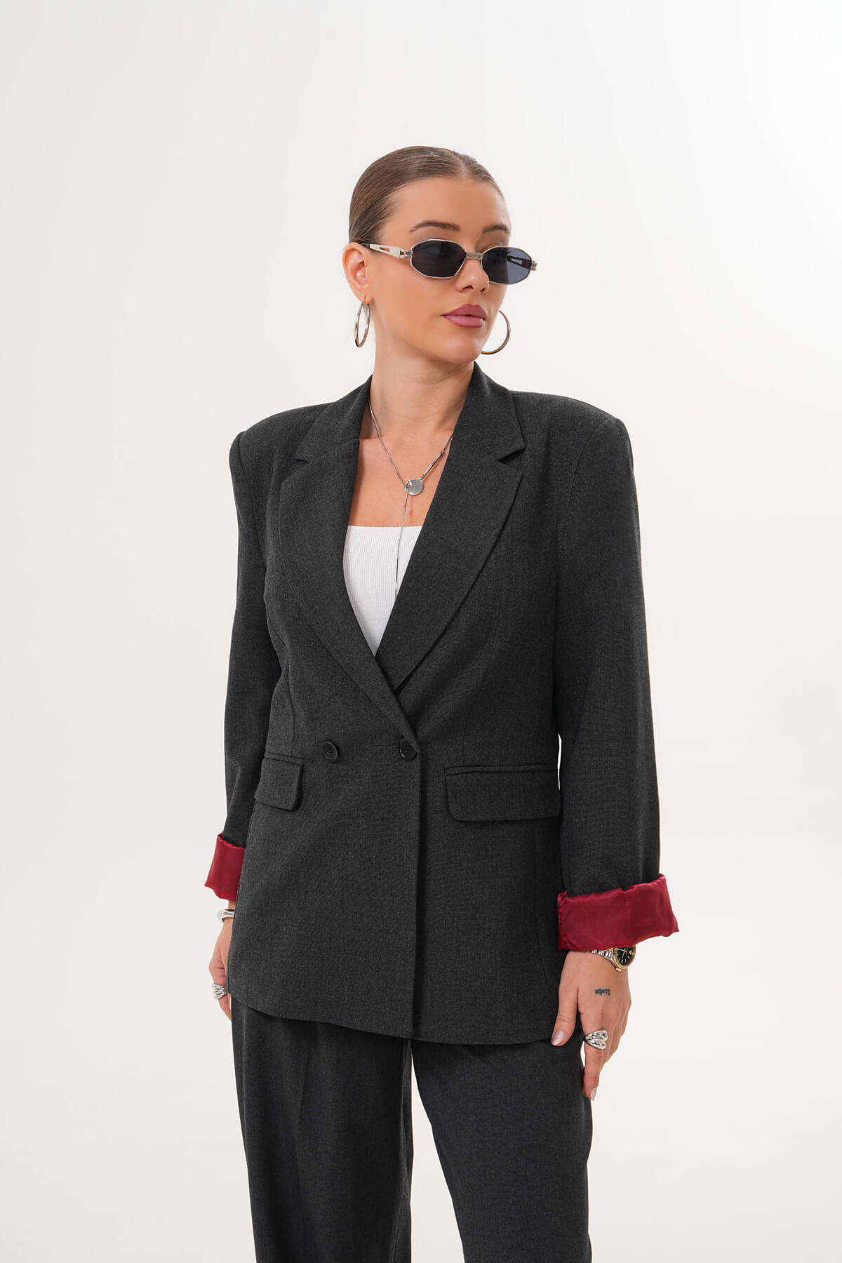 Renkli Astar Detaylı Klasik Ceket MDG-5142 Antrasit - 2