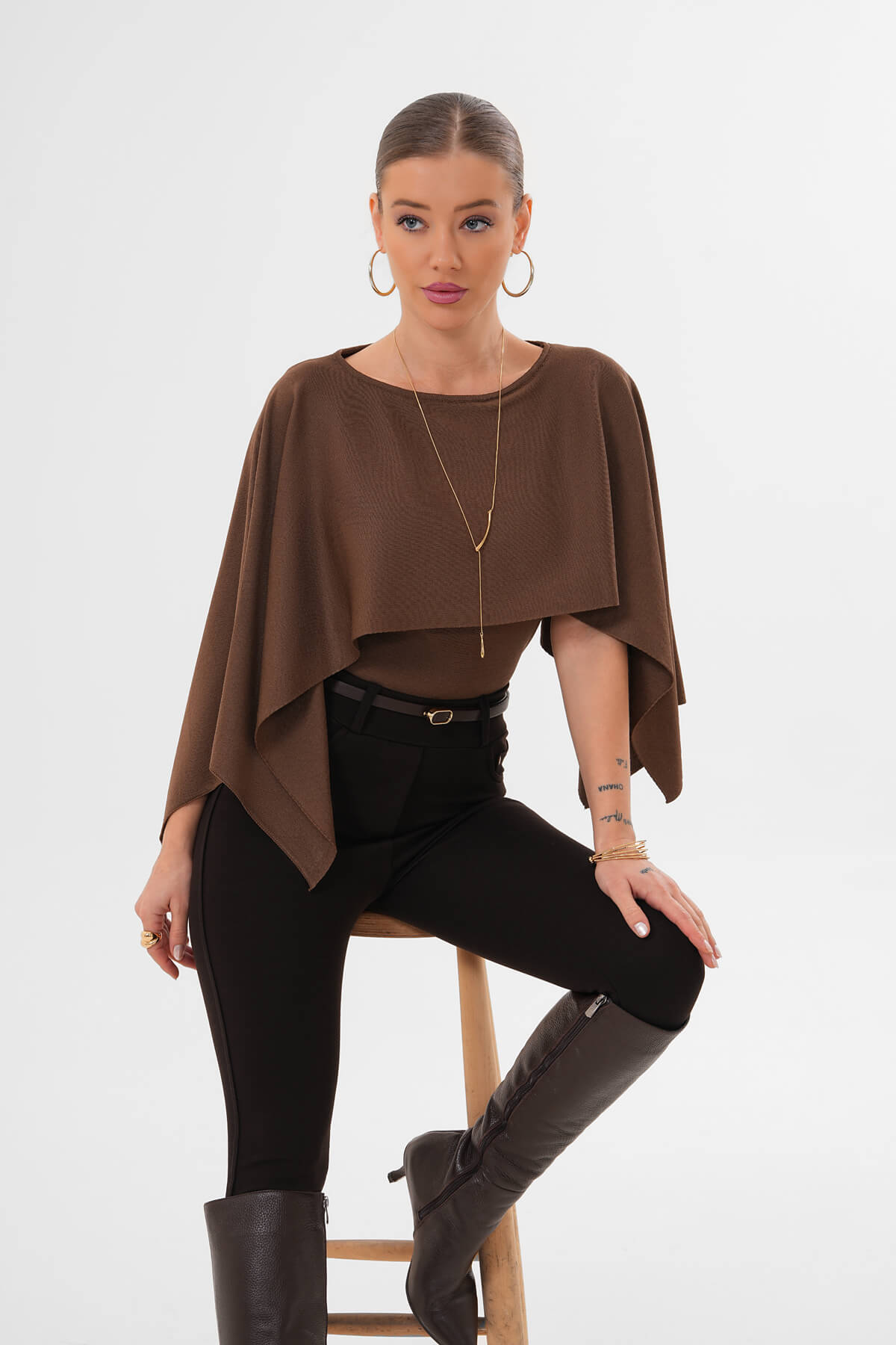 Şal Model Polyelit Bluz MDG-0012 Kahverengi - 1