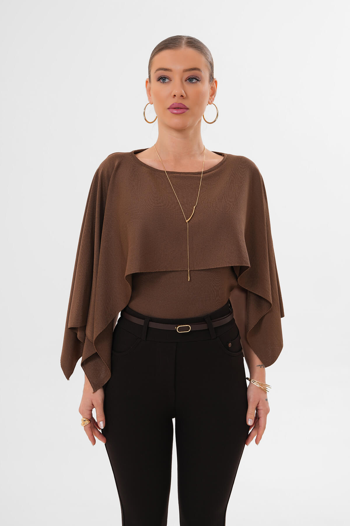 Şal Model Triko Bluz MDG-0012 Kahverengi - 2