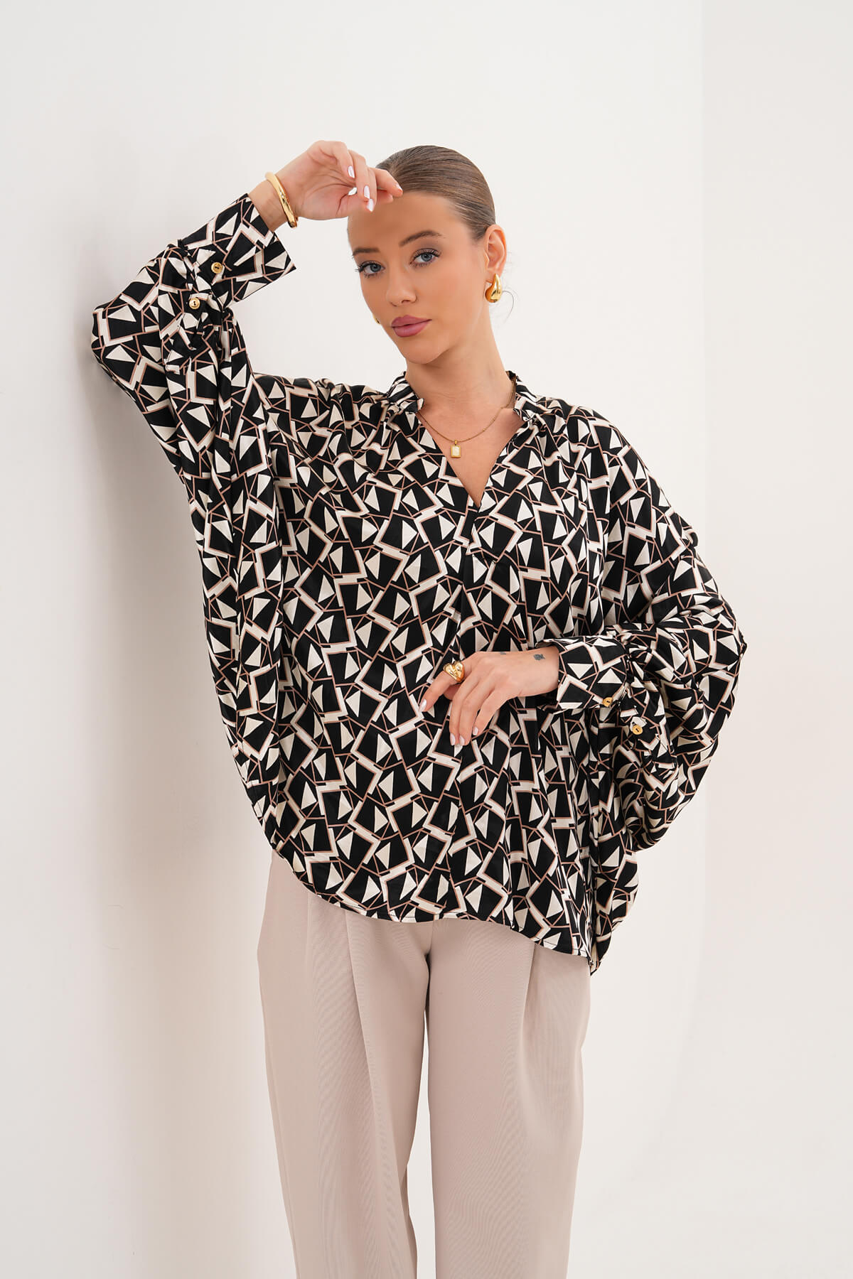 Saten Desenli Gömlek MDG-25-D-95 Siyah-Mozaik - 2