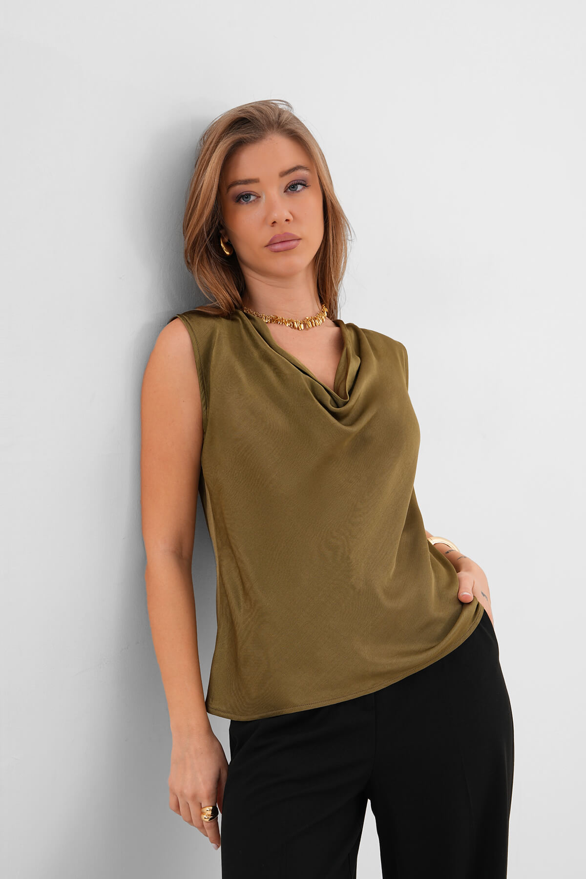 Saten Drapeli Kolsuz Gömlek MDG-25-D-102 Haki - MDG